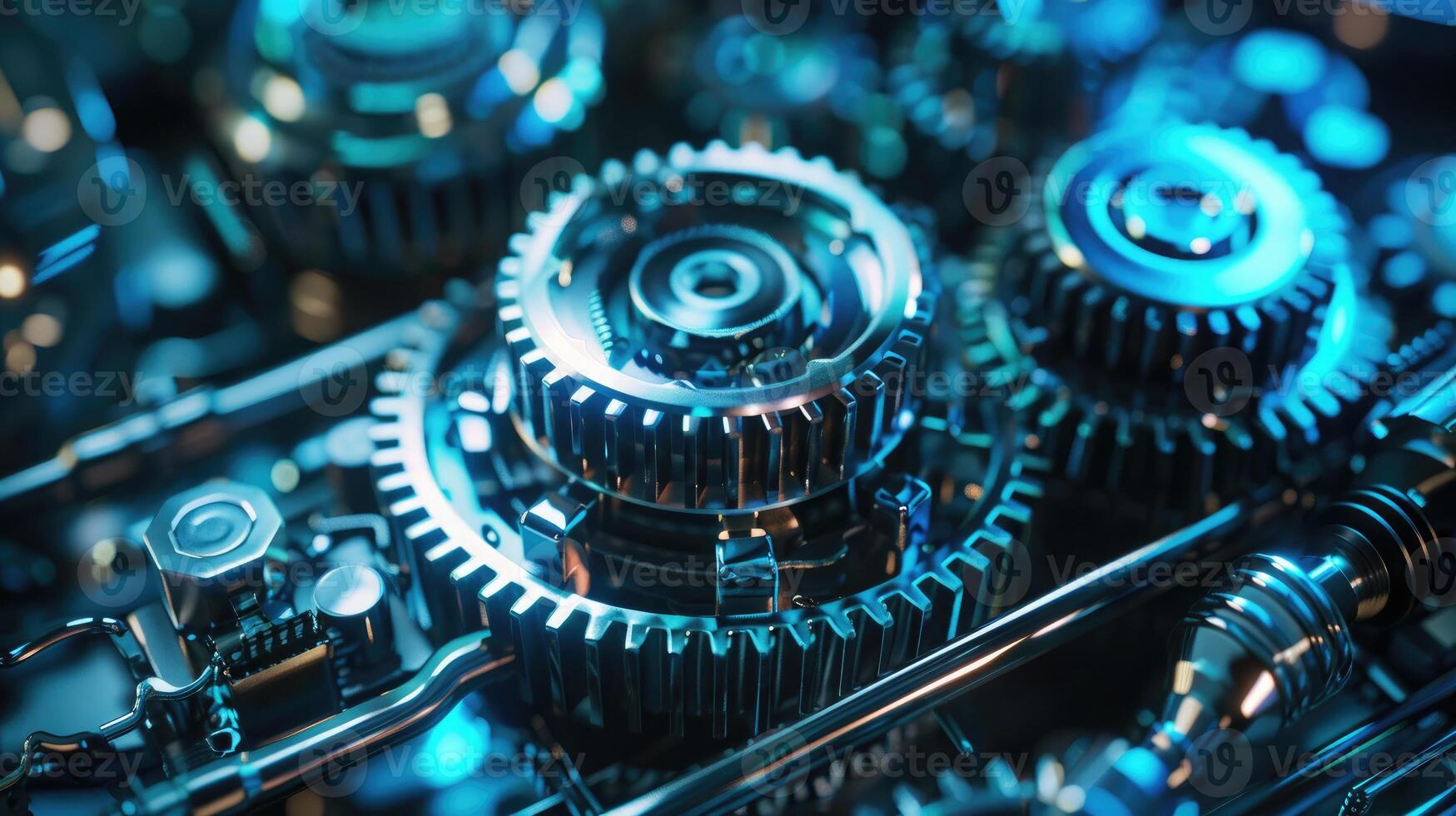Detailed view of interlocking metallic gears in motion, showcasing the complexity and precision of mechanical engineering and machinery photo