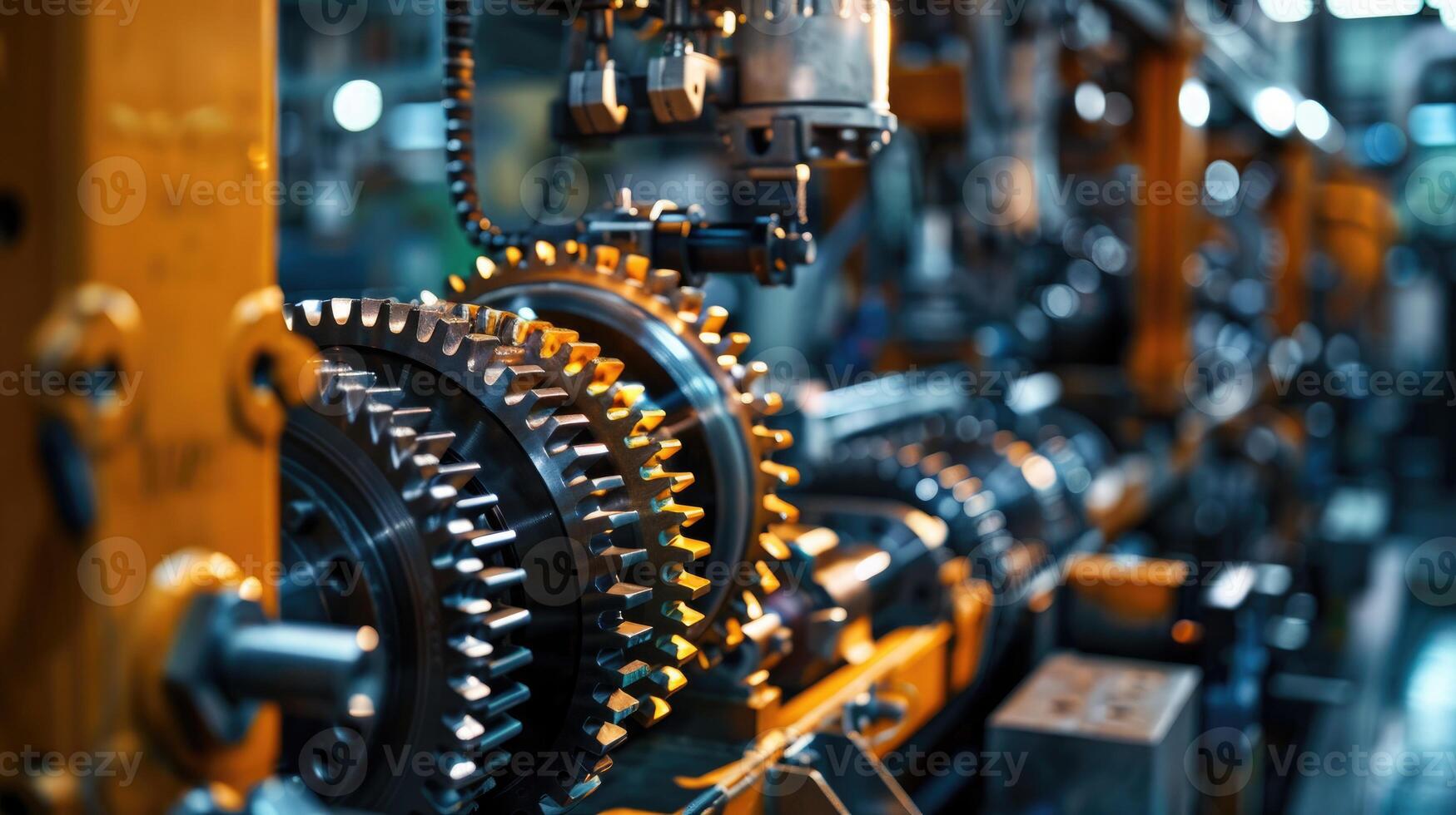 Detailed view of interlocking metallic gears in motion, showcasing the complexity and precision of mechanical engineering and machinery photo