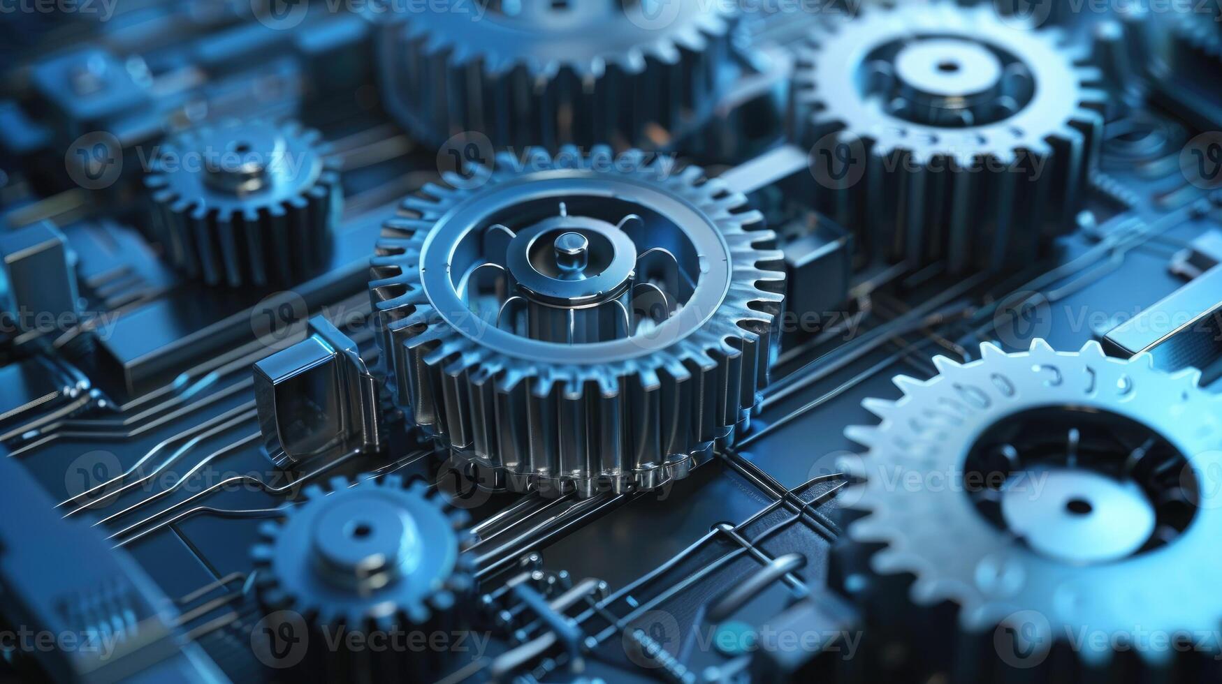 Detailed view of interlocking metallic gears in motion, showcasing the complexity and precision of mechanical engineering and machinery photo