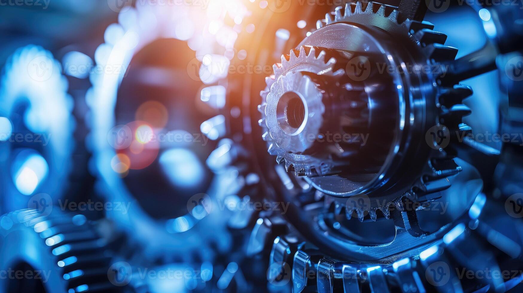 Detailed view of interlocking metallic gears in motion, showcasing the complexity and precision of mechanical engineering and machinery photo