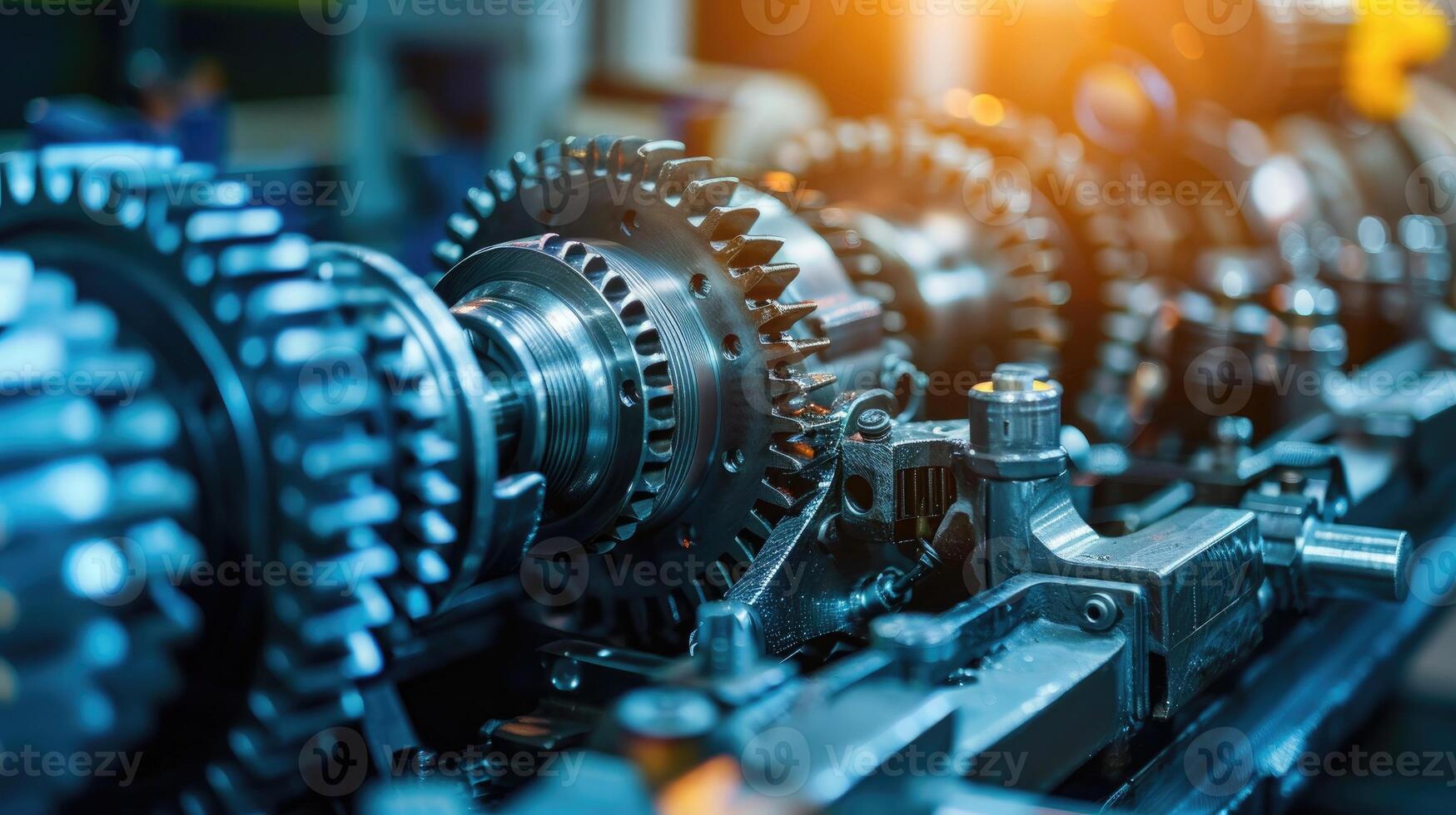 Detailed view of interlocking metallic gears in motion, showcasing the complexity and precision of mechanical engineering and machinery photo