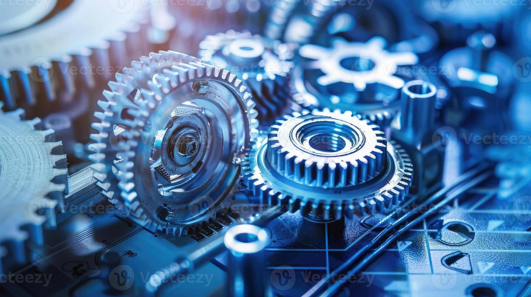 Detailed view of interlocking metallic gears in motion, showcasing the complexity and precision of mechanical engineering and machinery photo
