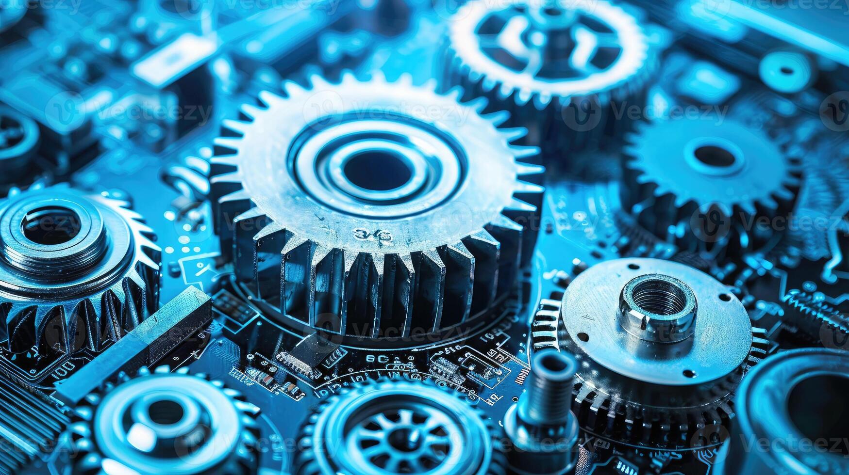 Detailed view of interlocking metallic gears in motion, showcasing the complexity and precision of mechanical engineering and machinery photo