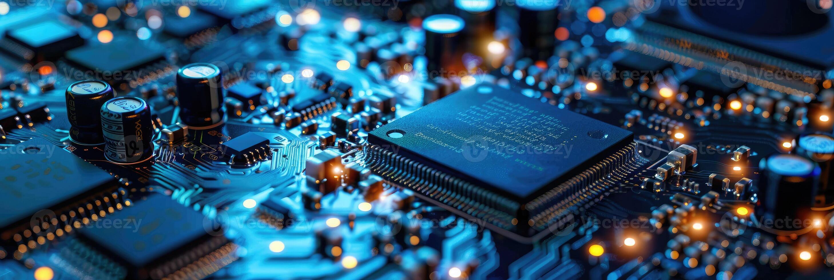 Detailed macro shot of a glowing microchip on a computer circuit board, highlighting technology, electronics, and modern computing photo