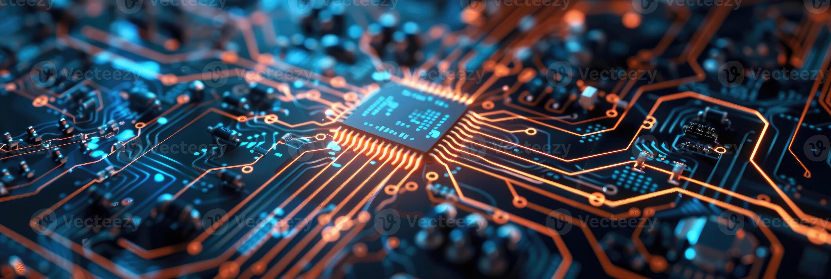 Detailed macro shot of a glowing microchip on a computer circuit board, highlighting technology, electronics, and modern computing photo