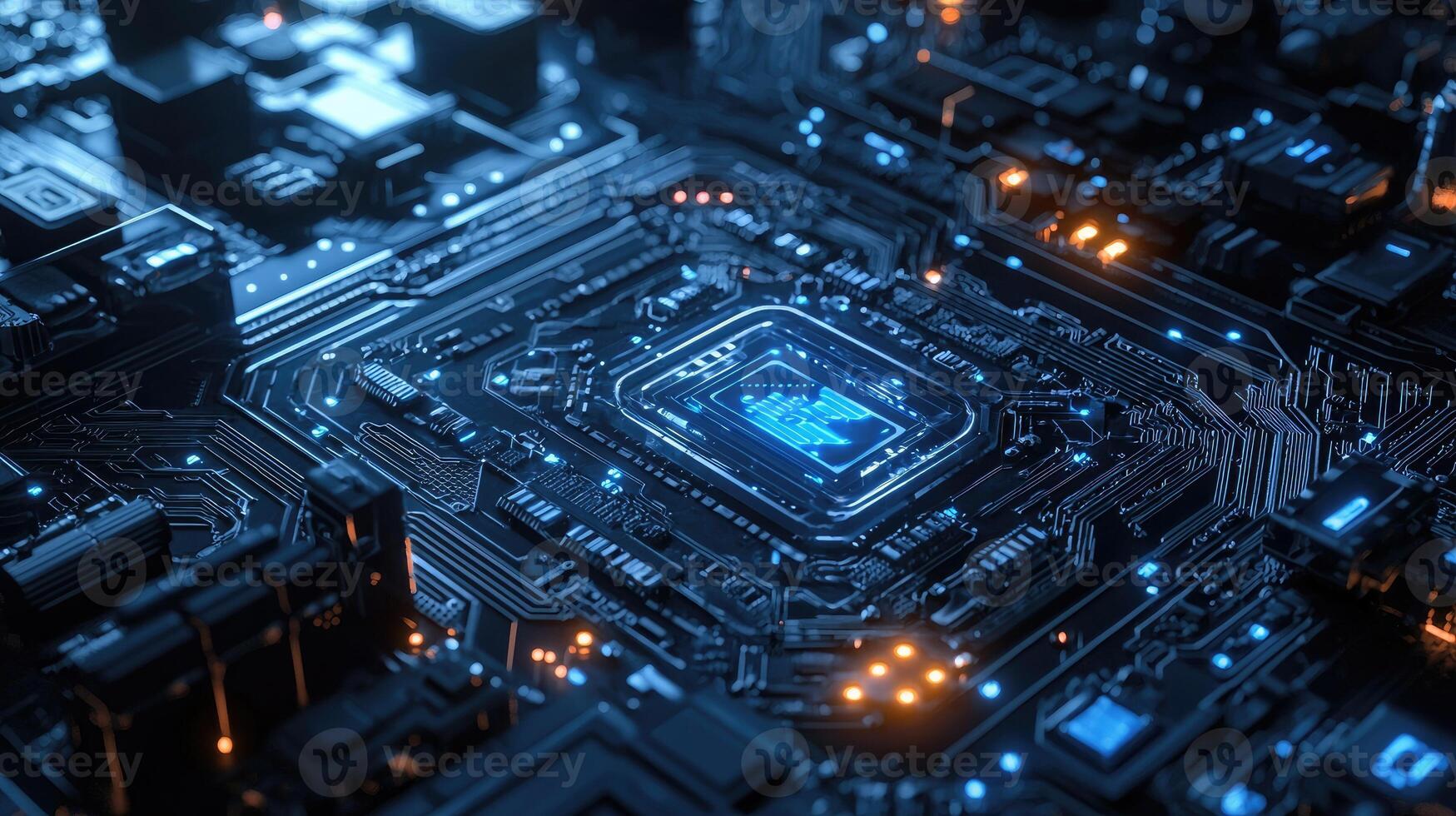 Detailed macro shot of a glowing microchip on a computer circuit board, highlighting technology, electronics, and modern computing photo