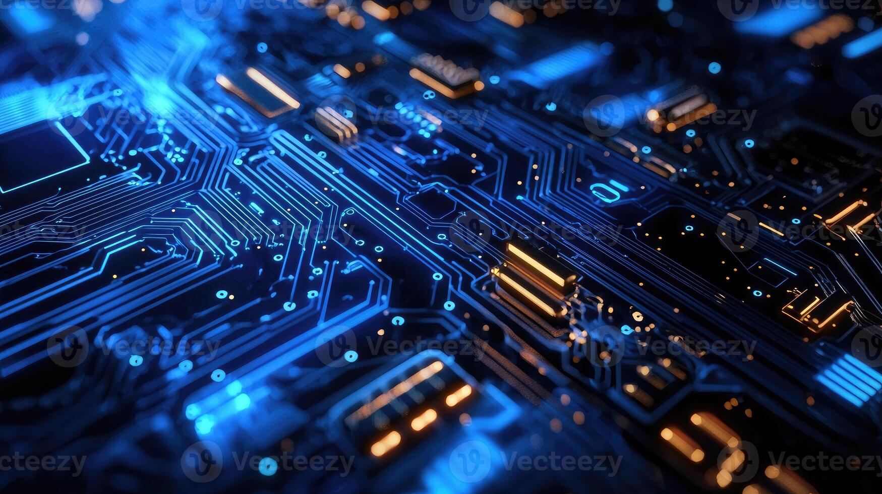 Detailed macro shot of a glowing microchip on a computer circuit board, highlighting technology, electronics, and modern computing photo