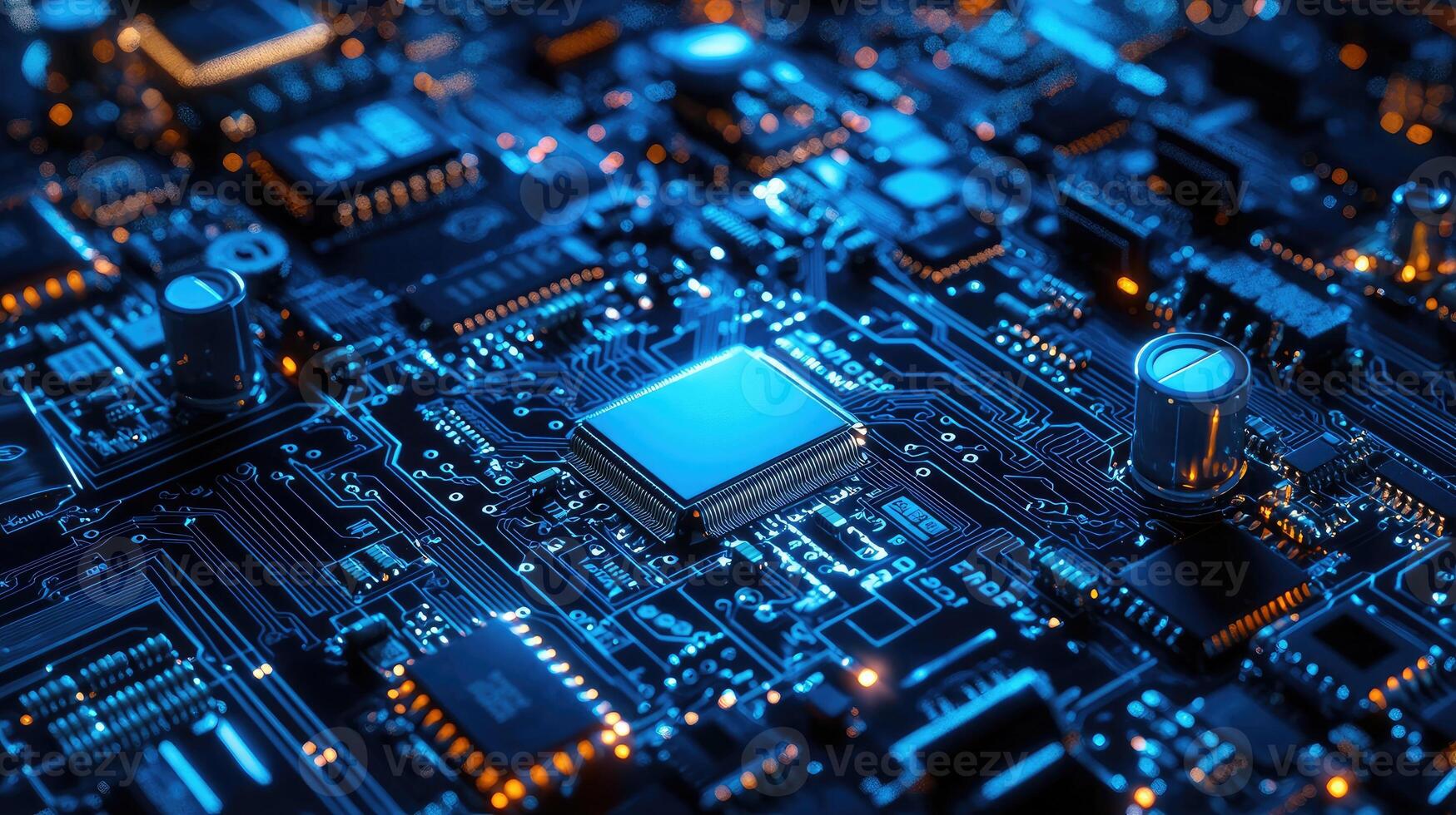 Detailed macro shot of a glowing microchip on a computer circuit board, highlighting technology, electronics, and modern computing photo