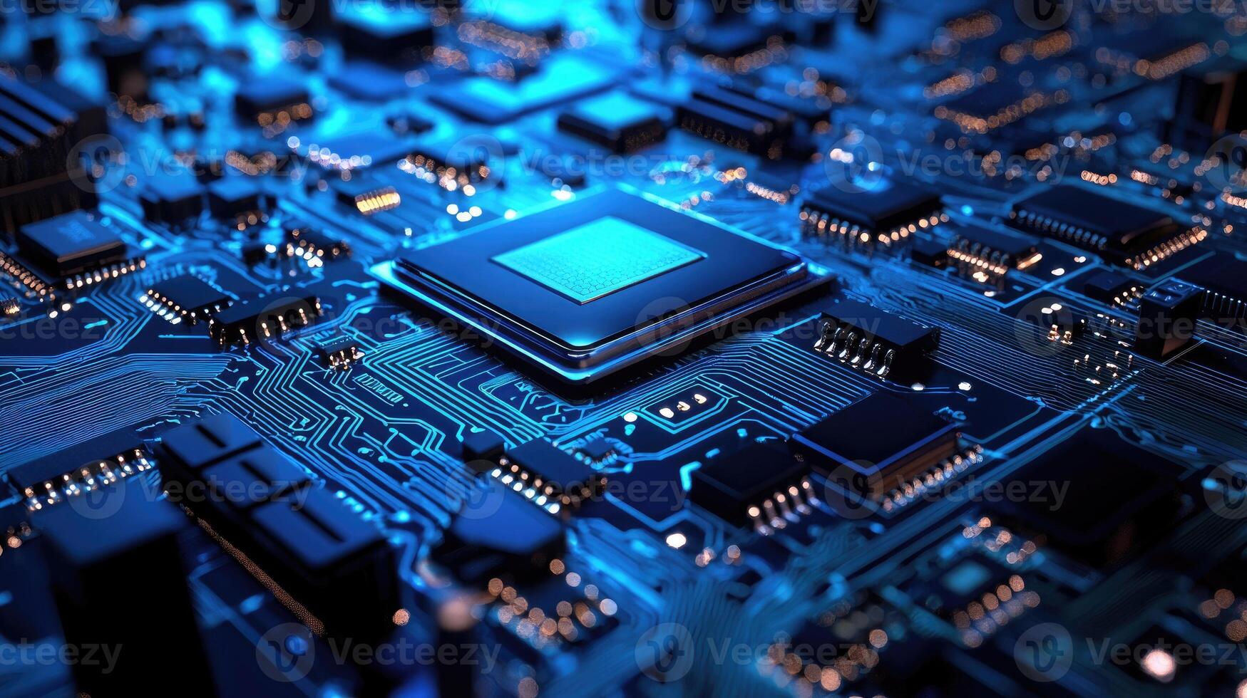 Detailed macro shot of a glowing microchip on a computer circuit board, highlighting technology, electronics, and modern computing photo