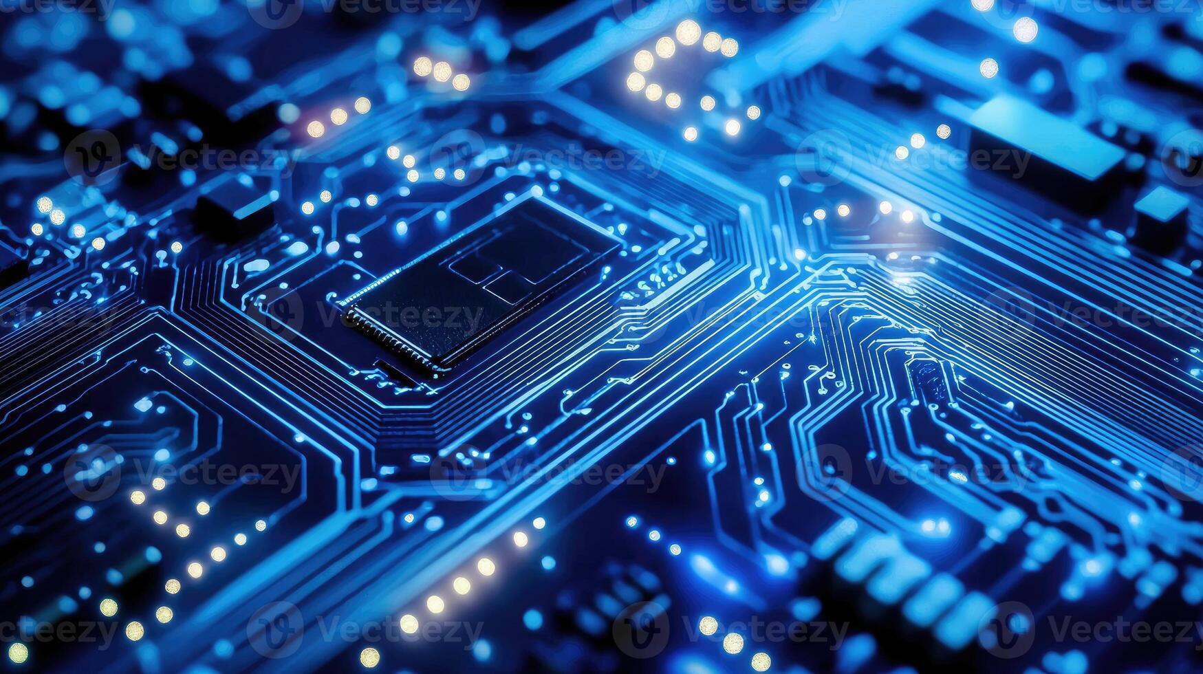 Detailed macro shot of a glowing microchip on a computer circuit board, highlighting technology, electronics, and modern computing photo
