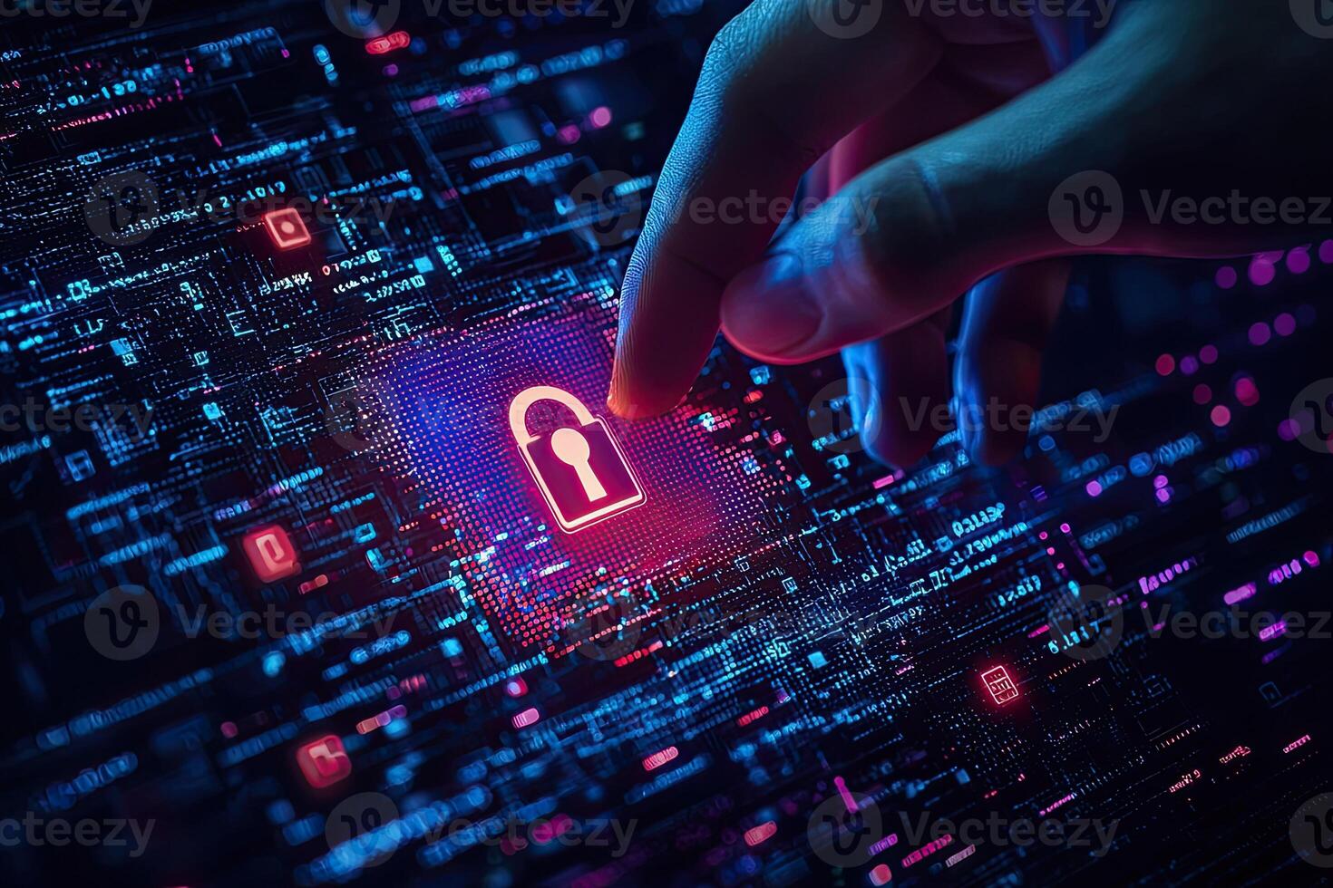 Cyber security concept with glowing padlock on digital city background photo