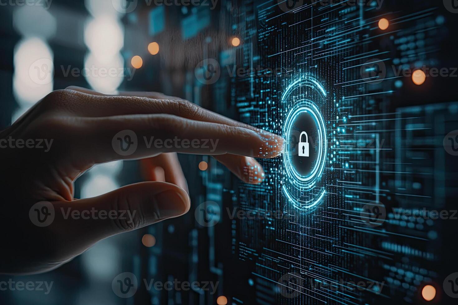 Cyber security concept with glowing padlock on digital city background photo