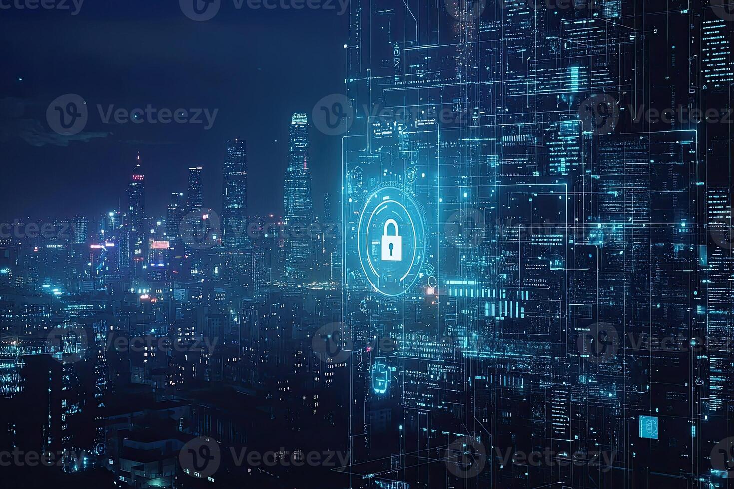Cyber security concept with glowing padlock on digital city background photo