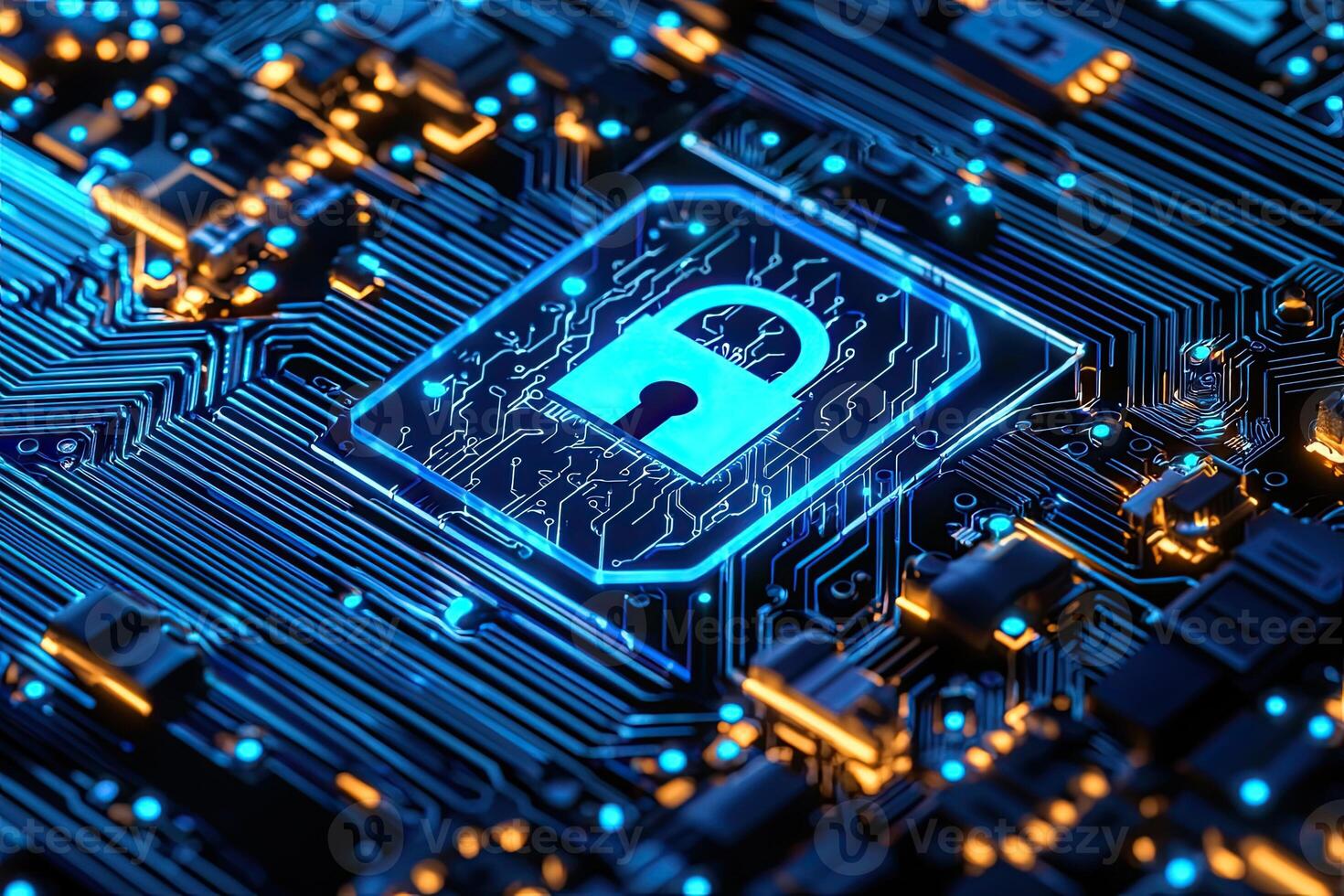 Cyber security concept with glowing padlock on digital city background photo