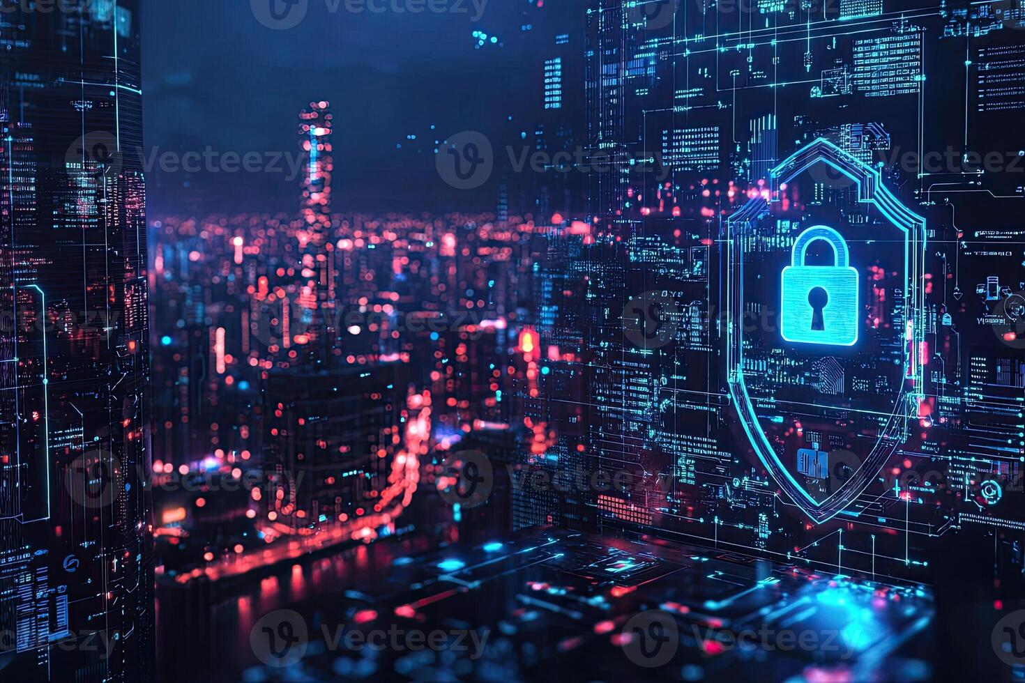 Cyber security concept with glowing padlock on digital city background photo