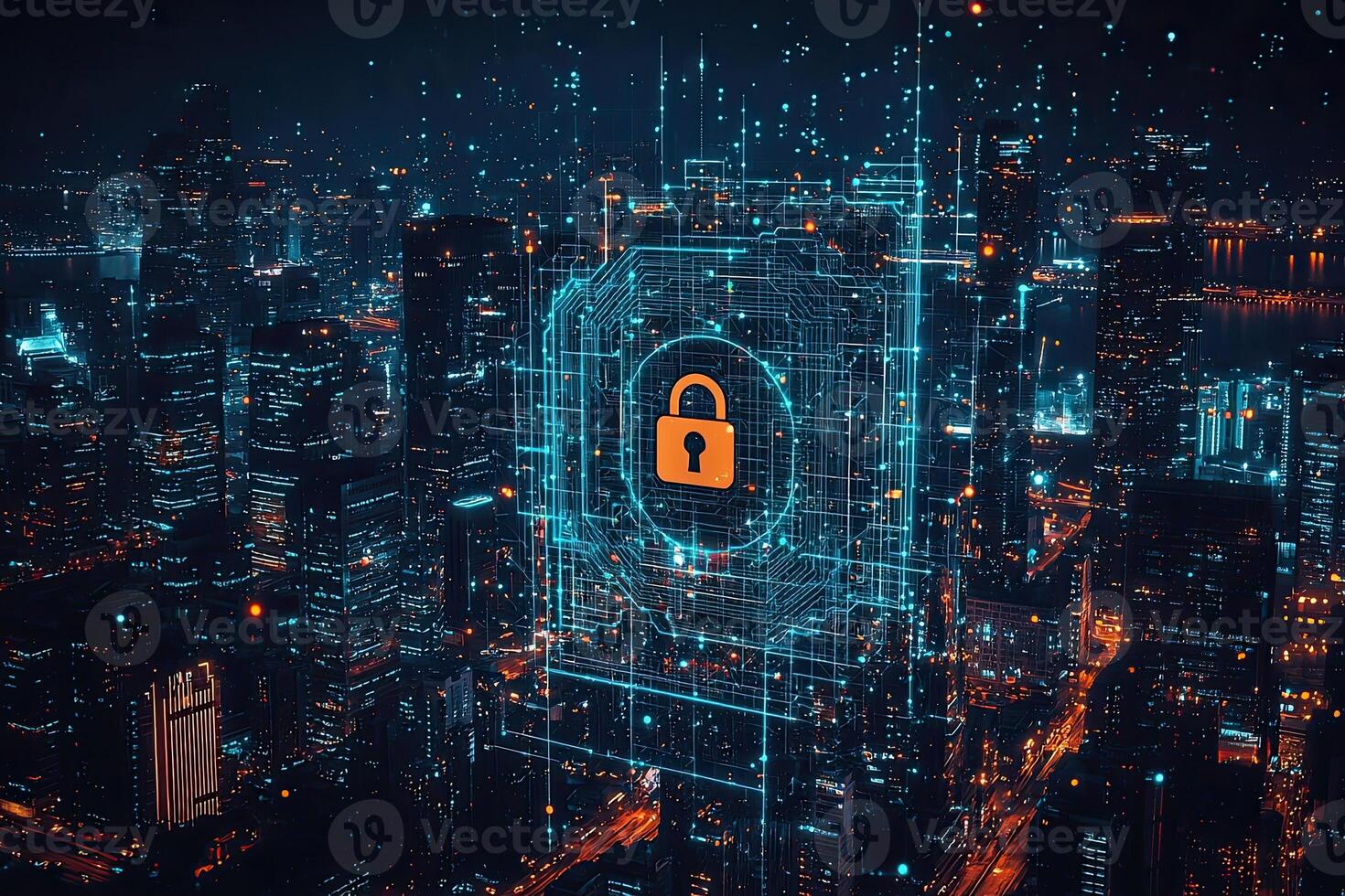 Cyber security concept with glowing padlock on digital city background photo