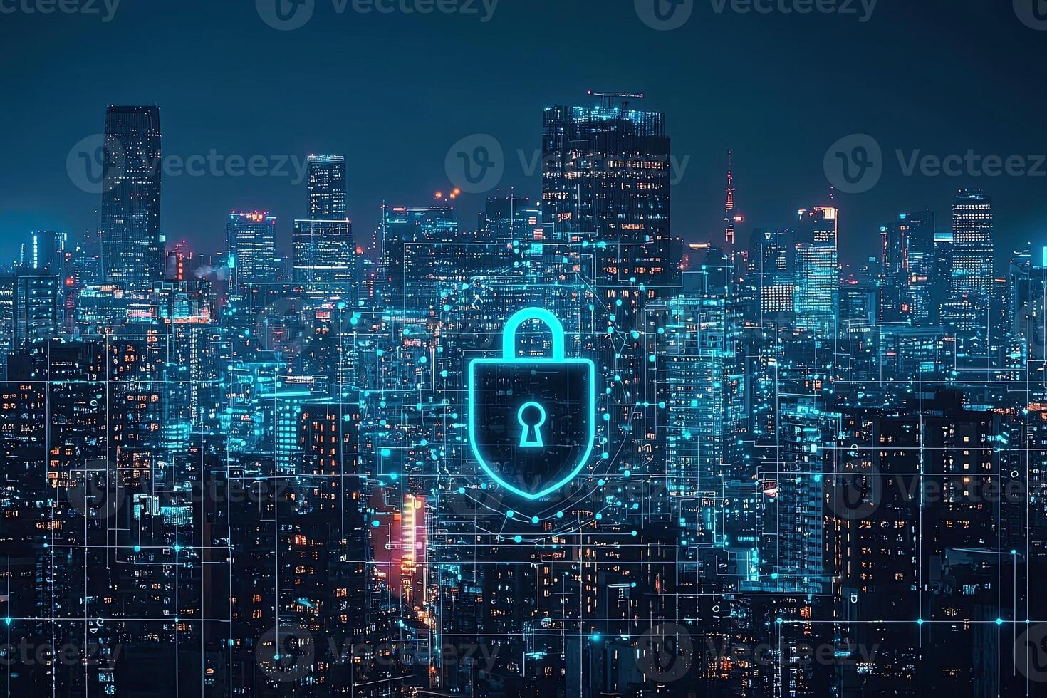 Cyber security concept with glowing padlock on digital city background photo