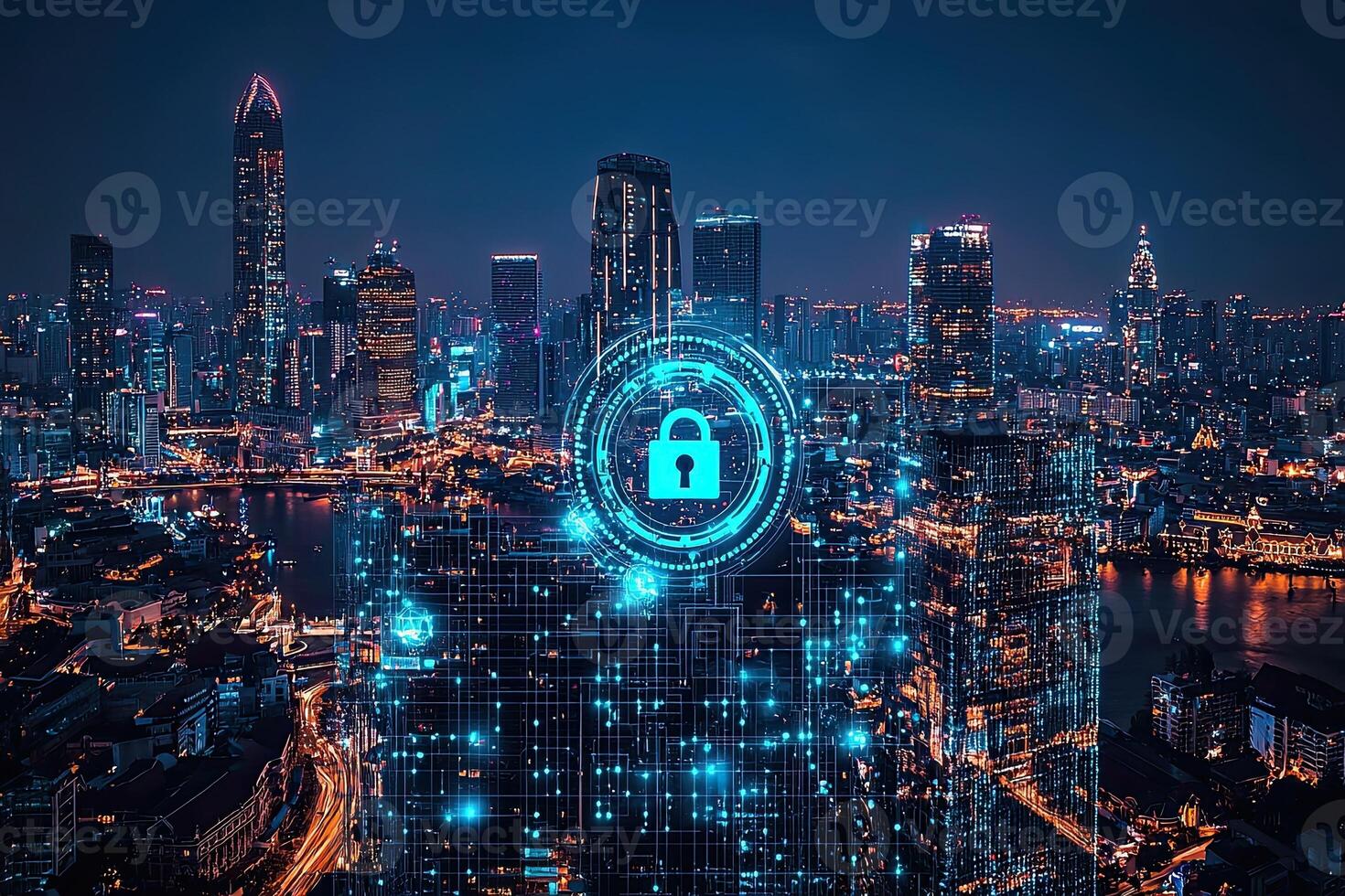 Cyber security concept with glowing padlock on digital city background photo