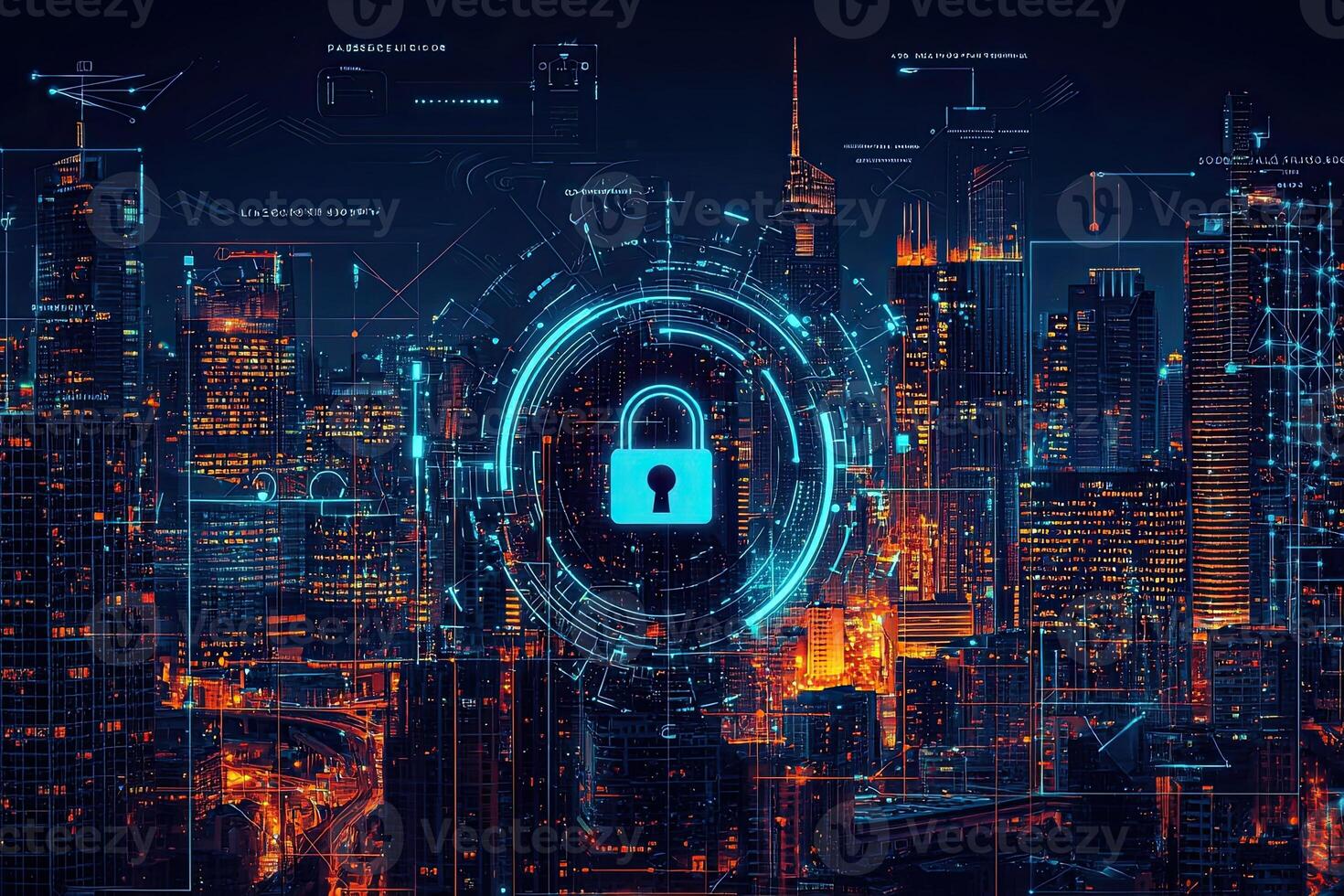 Cyber security concept with glowing padlock on digital city background photo