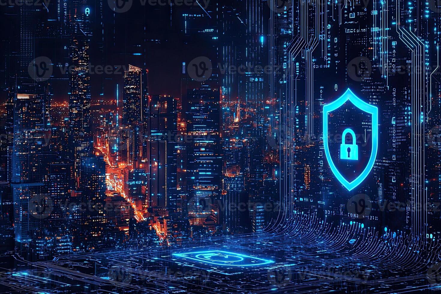Cyber security concept with glowing padlock on digital city background photo