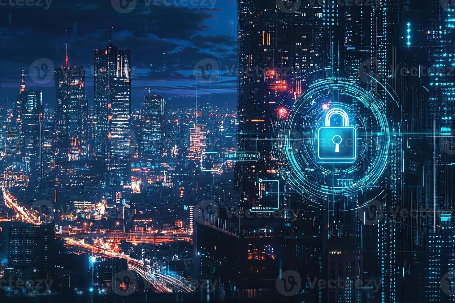 Cyber security concept with glowing padlock on digital city background photo