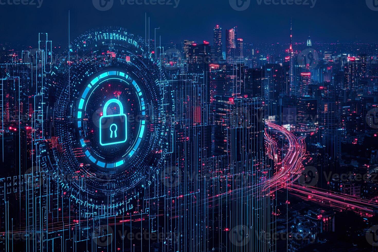 Cyber security concept with glowing padlock on digital city background photo