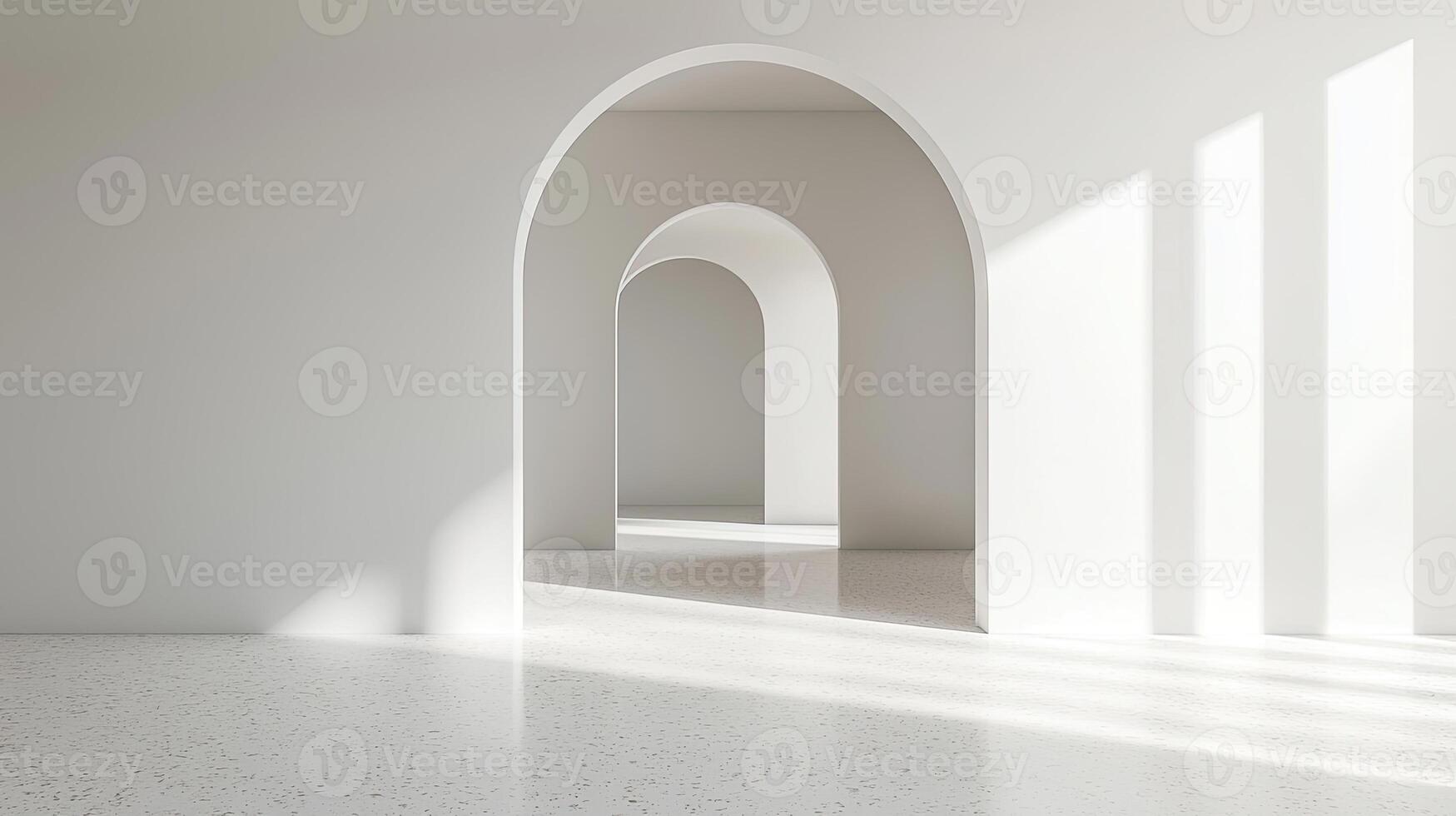 A minimalist empty room featuring natural sunlight reflections on the white walls and tiled floor, creating a serene, open atmosphere photo