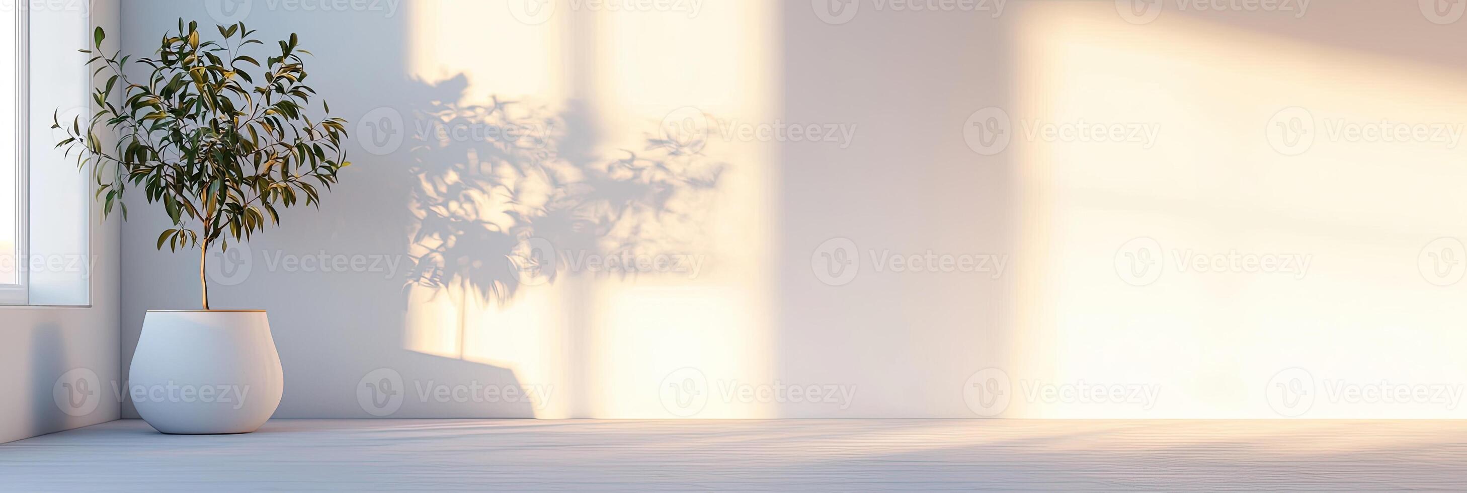 A minimalist empty room featuring natural sunlight reflections on the white walls and tiled floor, creating a serene, open atmosphere photo