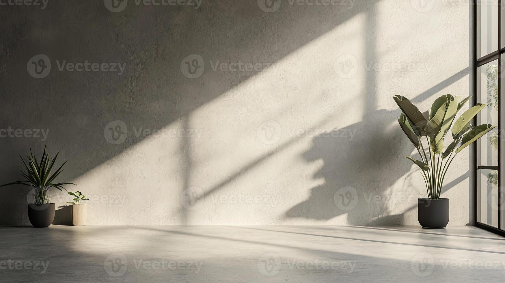 A minimalist empty room featuring natural sunlight reflections on the white walls and tiled floor, creating a serene, open atmosphere photo