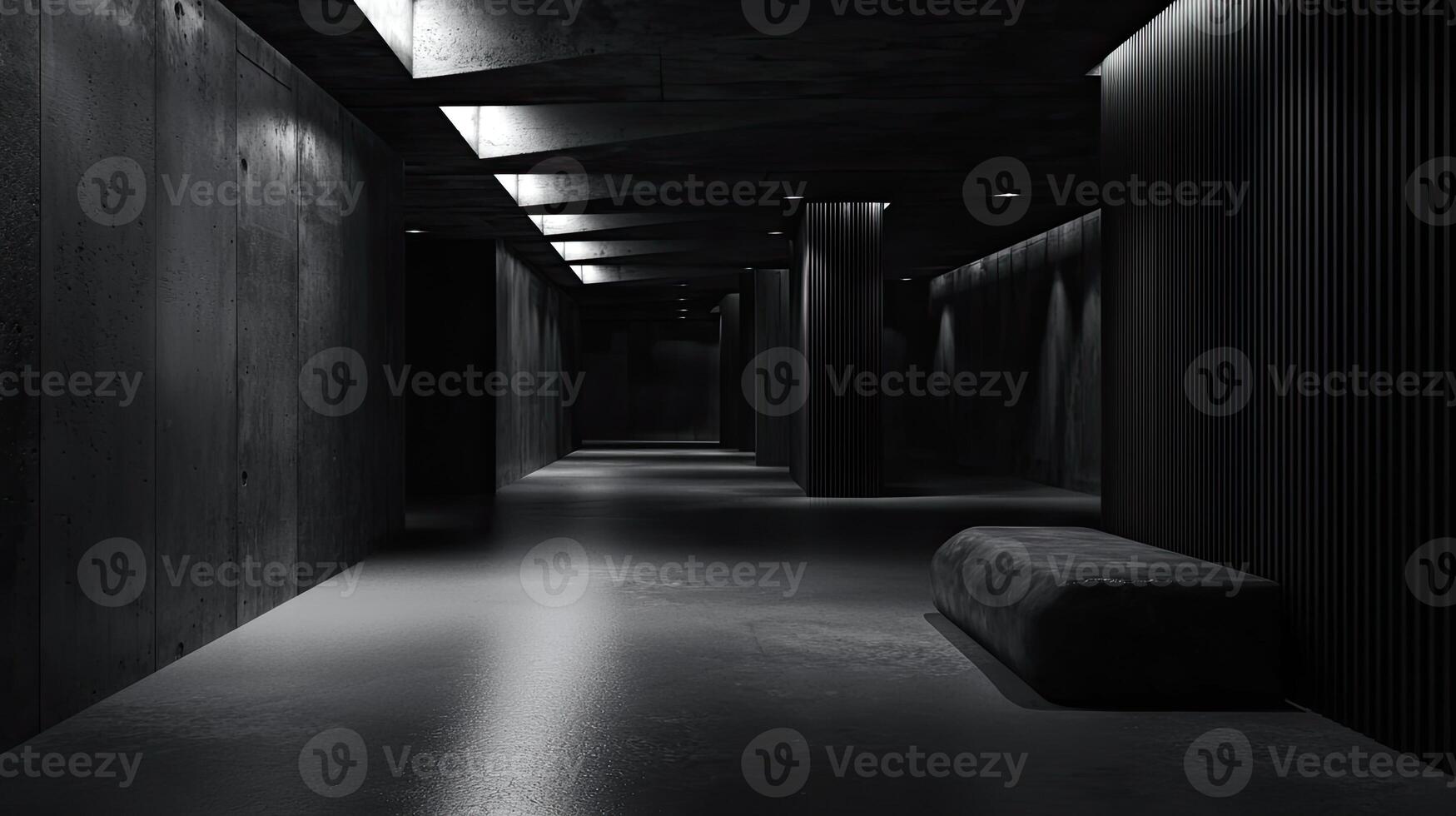 A minimalist, industrial-style room with dark concrete walls and floor, illuminated by sleek LED strip lights, creating a futuristic ambiance photo