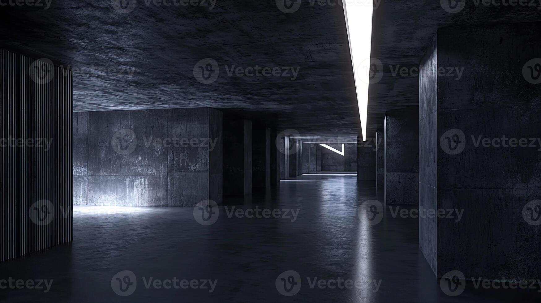 A minimalist, industrial-style room with dark concrete walls and floor, illuminated by sleek LED strip lights, creating a futuristic ambiance photo
