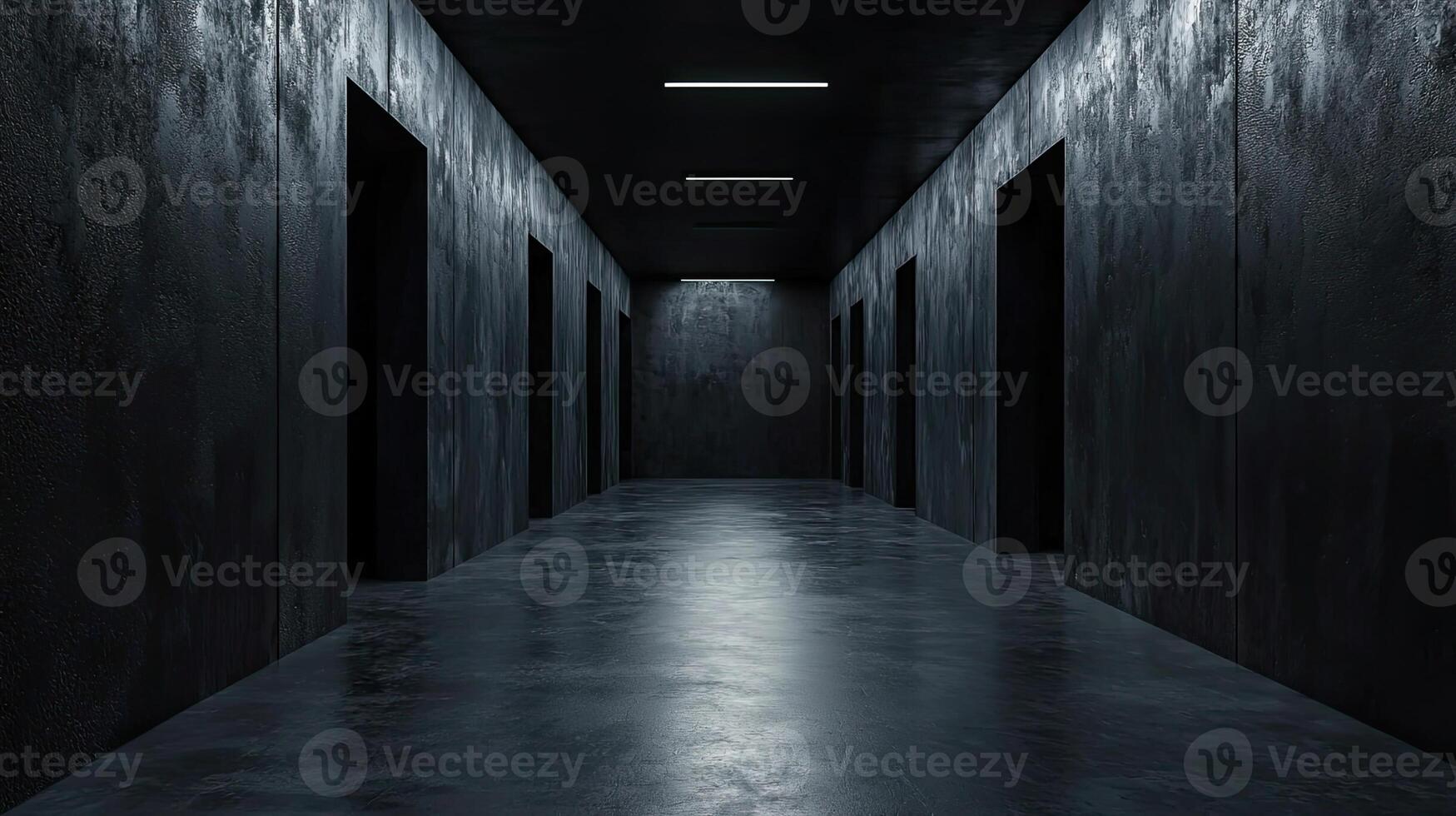 A minimalist, industrial-style room with dark concrete walls and floor, illuminated by sleek LED strip lights, creating a futuristic ambiance photo