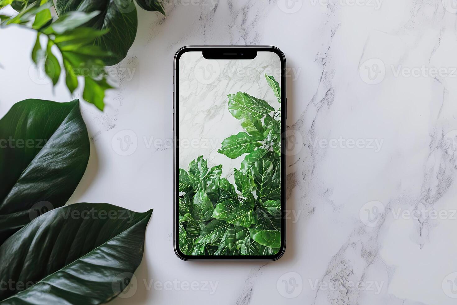 Smartphone with blank screen placed on background surface photo