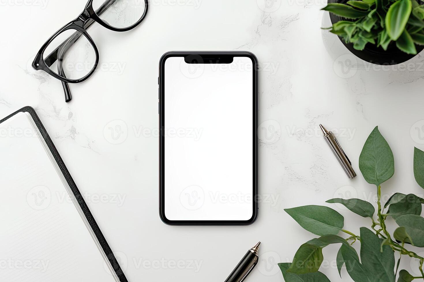 Smartphone with blank screen placed on background surface photo