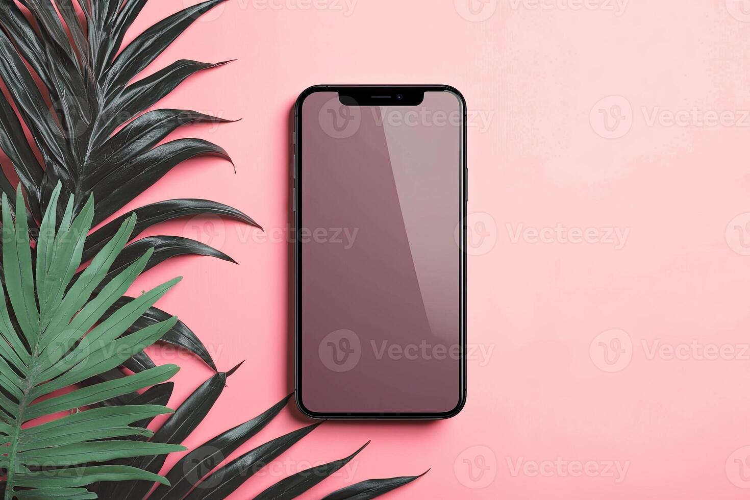 Smartphone with blank screen placed on background surface photo