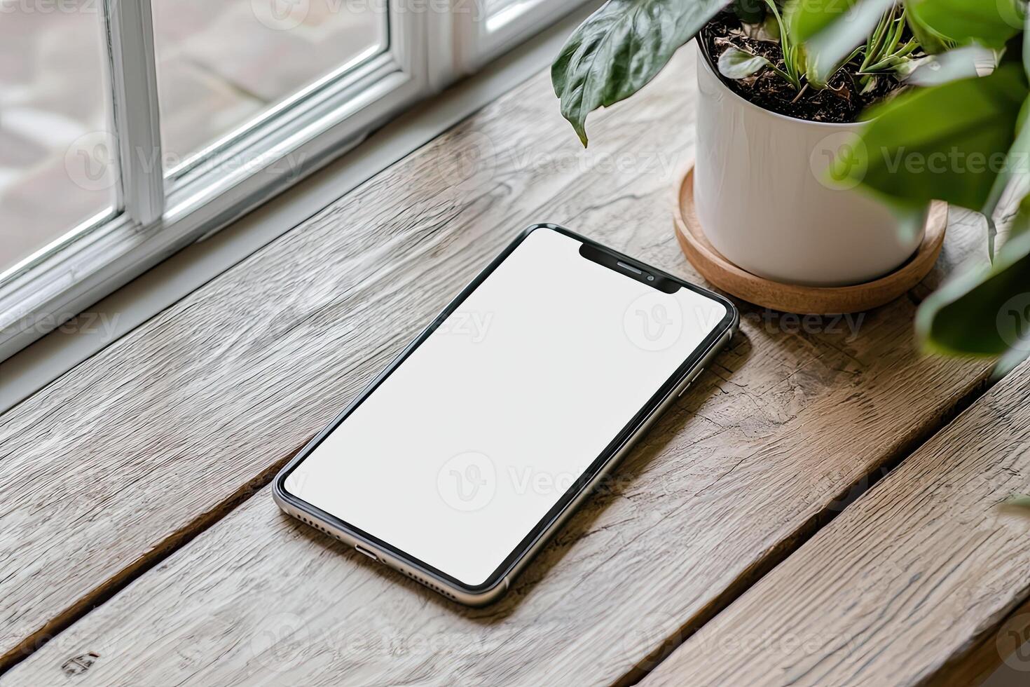 Smartphone with blank screen placed on background surface photo