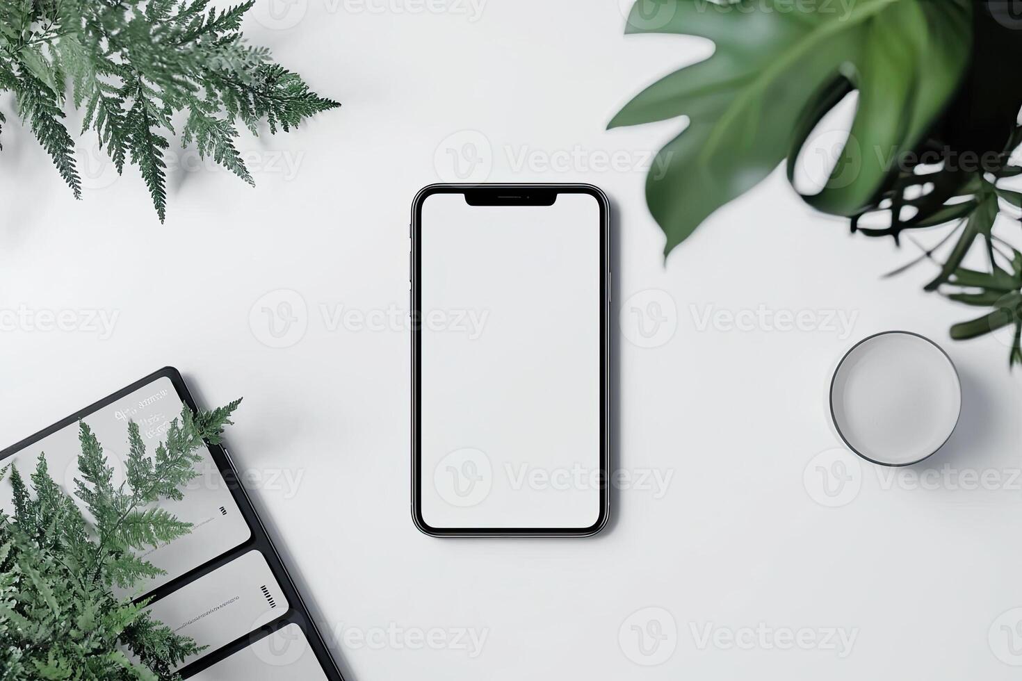 Smartphone with blank screen placed on background surface photo