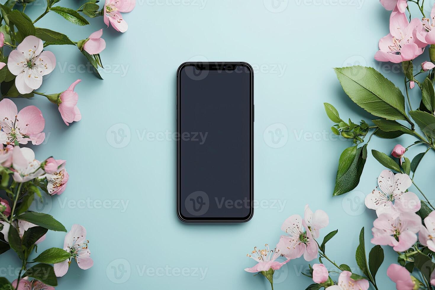 Smartphone with blank screen placed on background surface photo