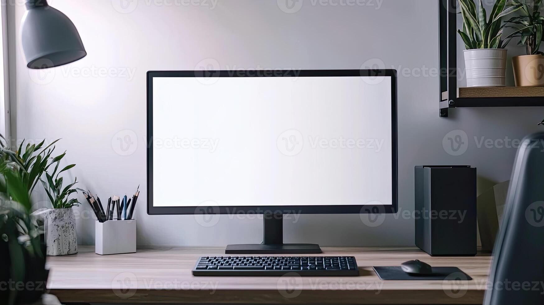 computer with a blank white screen on a desk in a modern office room, a mockup for artwork or text display template, with copy space. White background photo