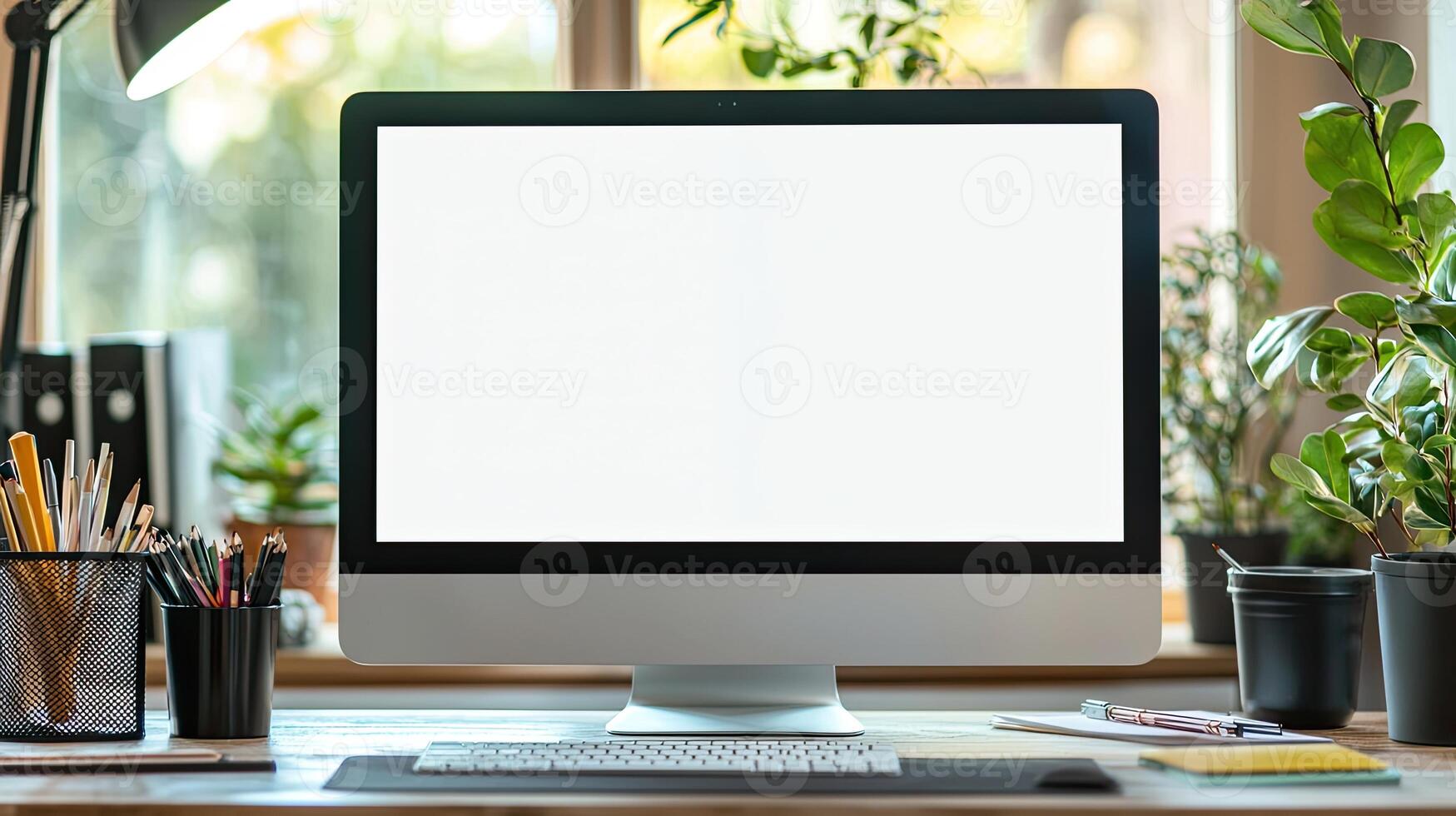 Close-up of a blank white screen computer monitor on a desk with office supplies in a minimalist home work space, front view, mockup template, soft blurred background, copy space concep photo