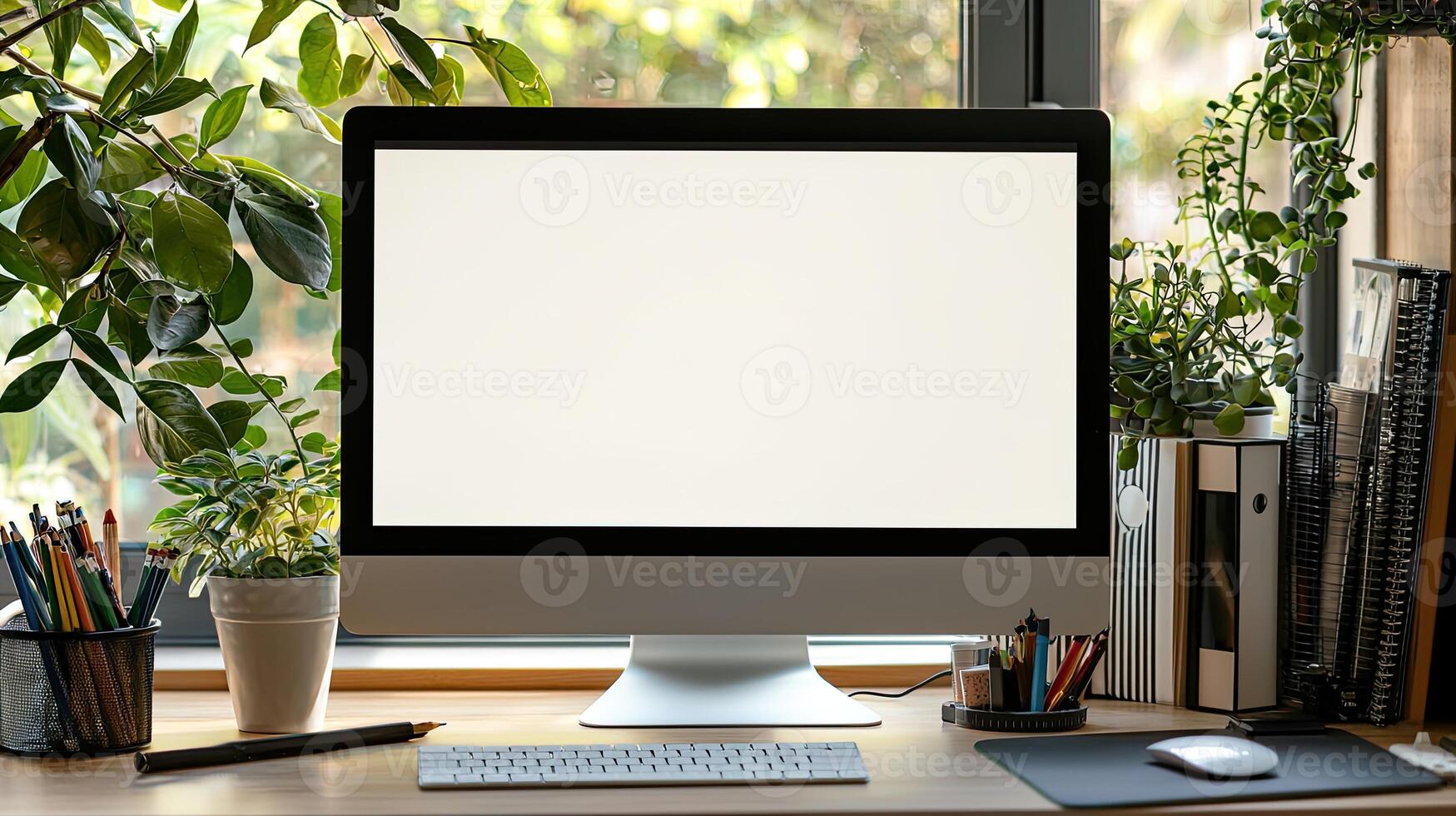 Close-up of a blank white screen computer monitor on a desk with office supplies in a minimalist home work space, front view, mockup template, soft blurred background, copy space concep photo
