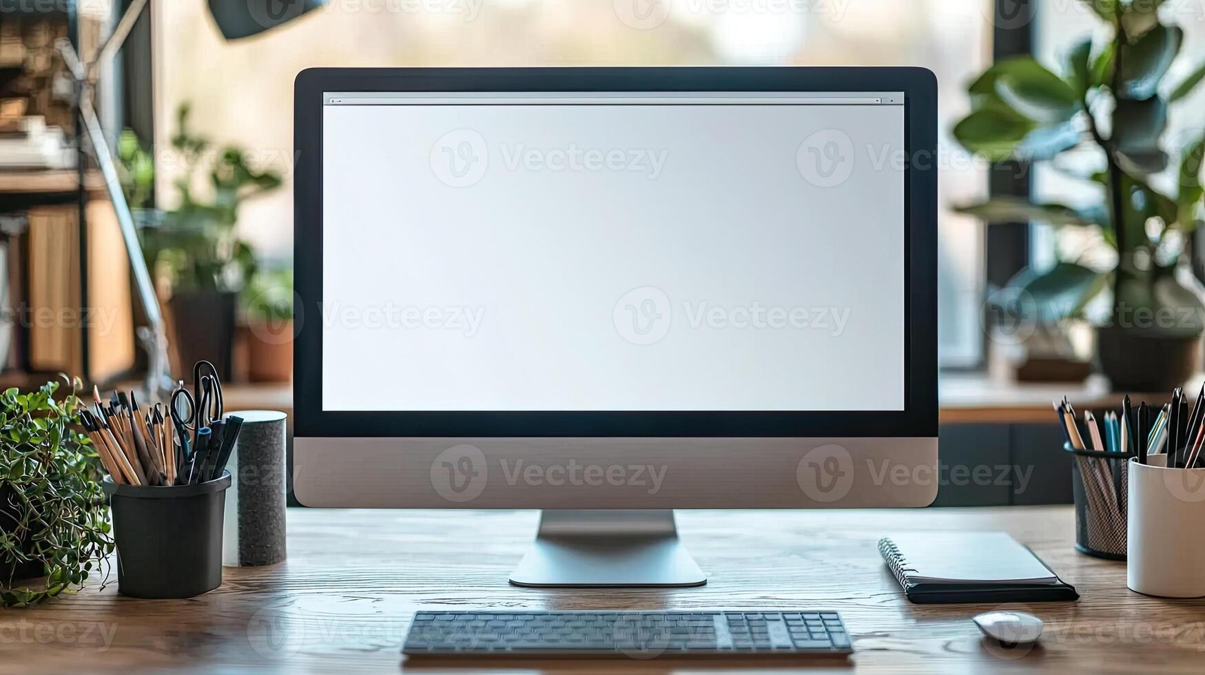 Close-up of a blank white screen computer monitor on a desk with office supplies in a minimalist home work space, front view, mockup template, soft blurred background, copy space concep photo