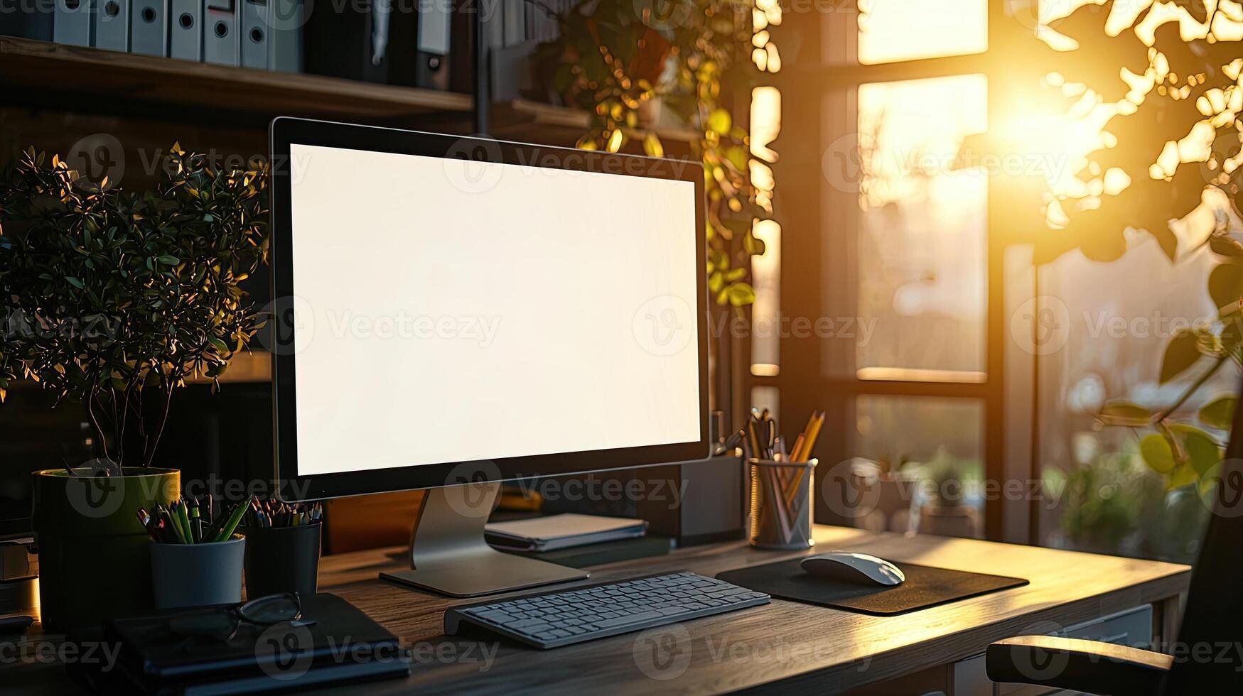 Close-up of a blank white screen computer monitor on a desk with office supplies in a minimalist home work space, front view, mockup template, soft blurred background, copy space concep photo