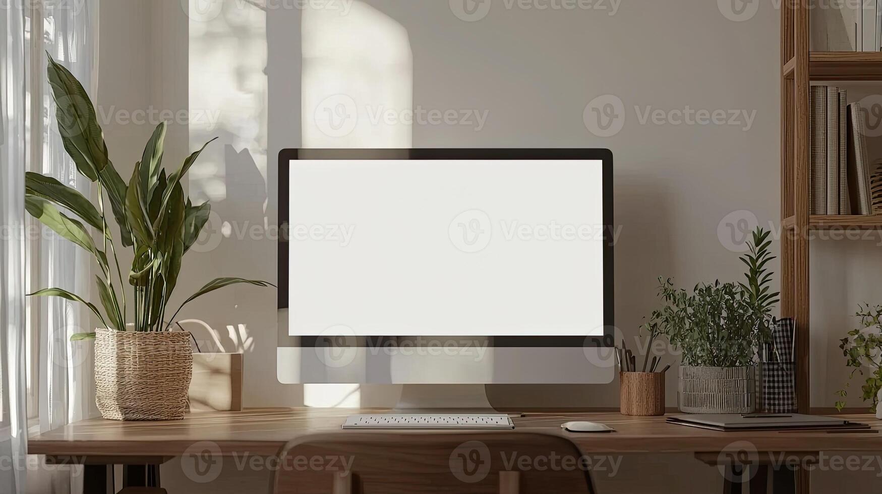 computer with a blank white screen on a desk in a modern office room, a mockup for artwork or text display template, with copy space. White background photo