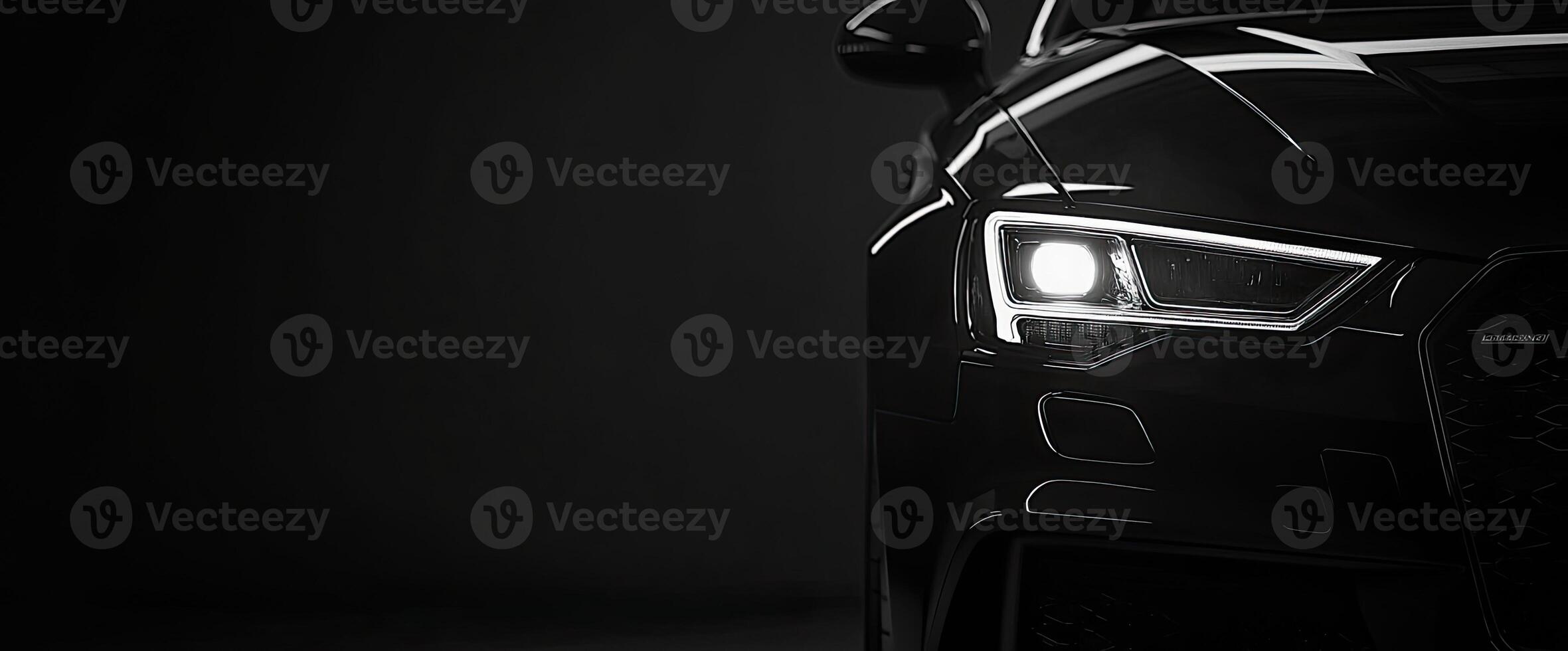Closeup view of car front headlight showcasing modern design and highend automotive craftsmanship against a dark background photo