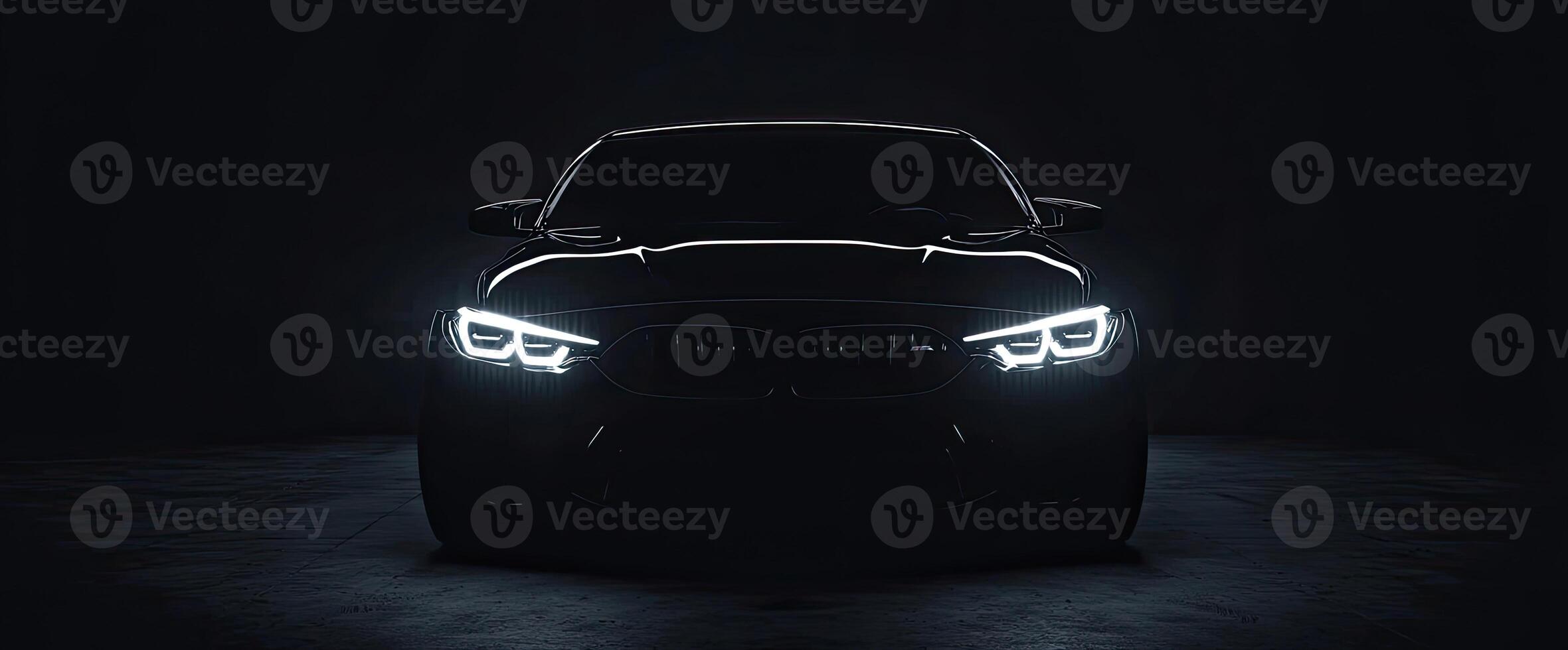 Closeup view of car front headlight showcasing modern design and highend automotive craftsmanship against a dark background photo