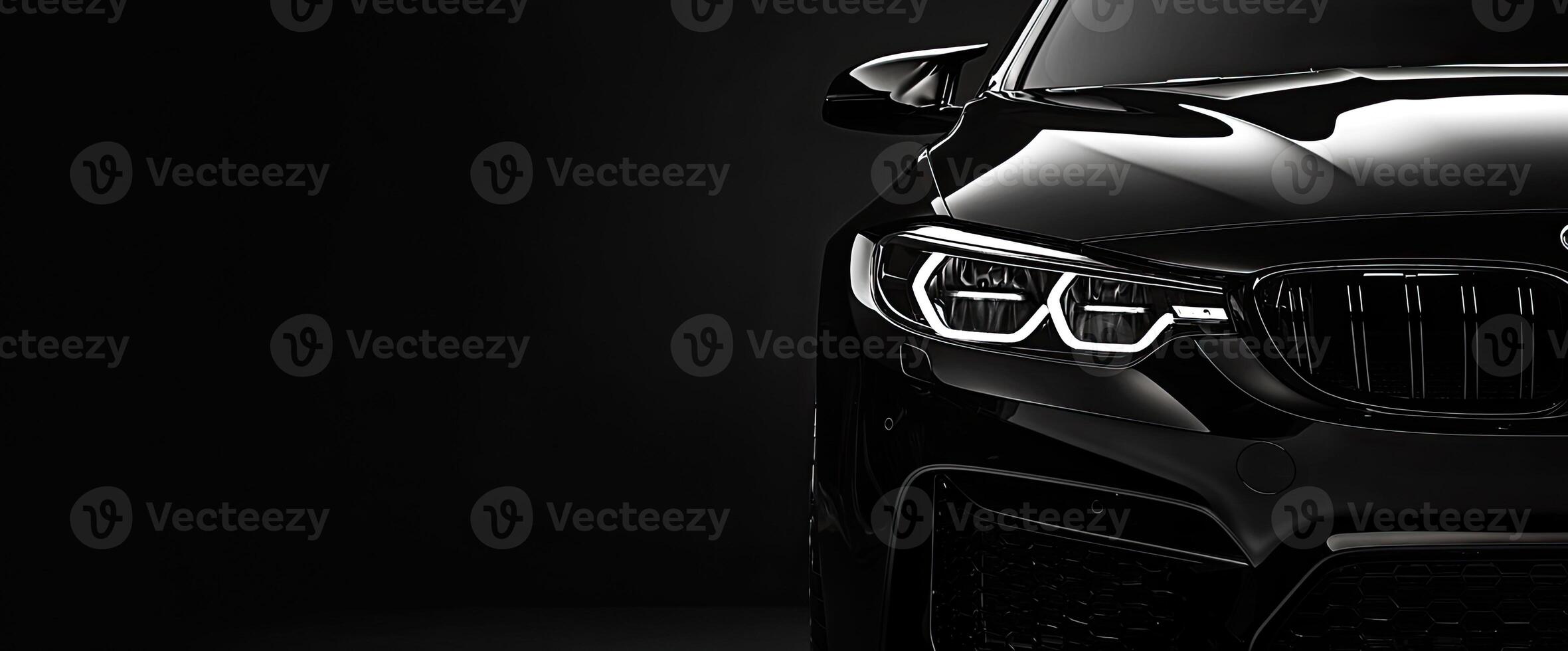 Closeup view of car front headlight showcasing modern design and highend automotive craftsmanship against a dark background photo