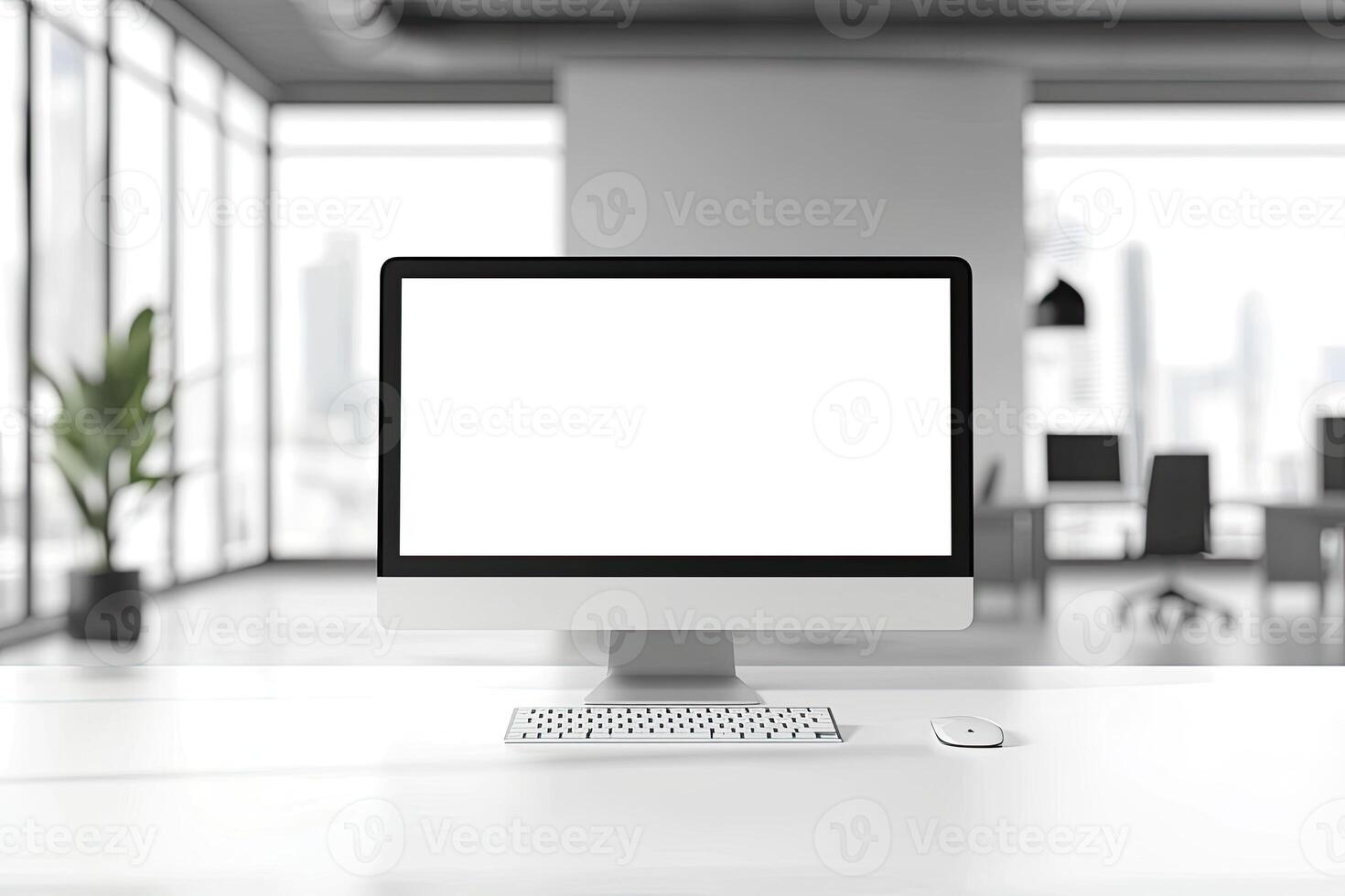 Blurred office background with a computer and white desk in a modern interior, a business work space concept, a mockup for product display presentation, with a white background photo