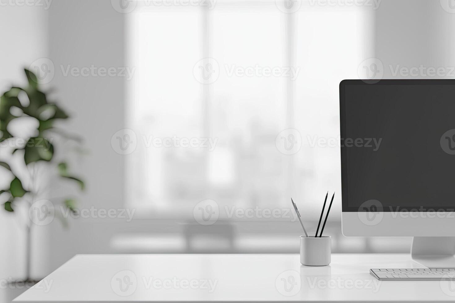 Blurred office background with a computer and white desk in a modern interior, a business work space concept, a mockup for product display presentation, with a white background photo