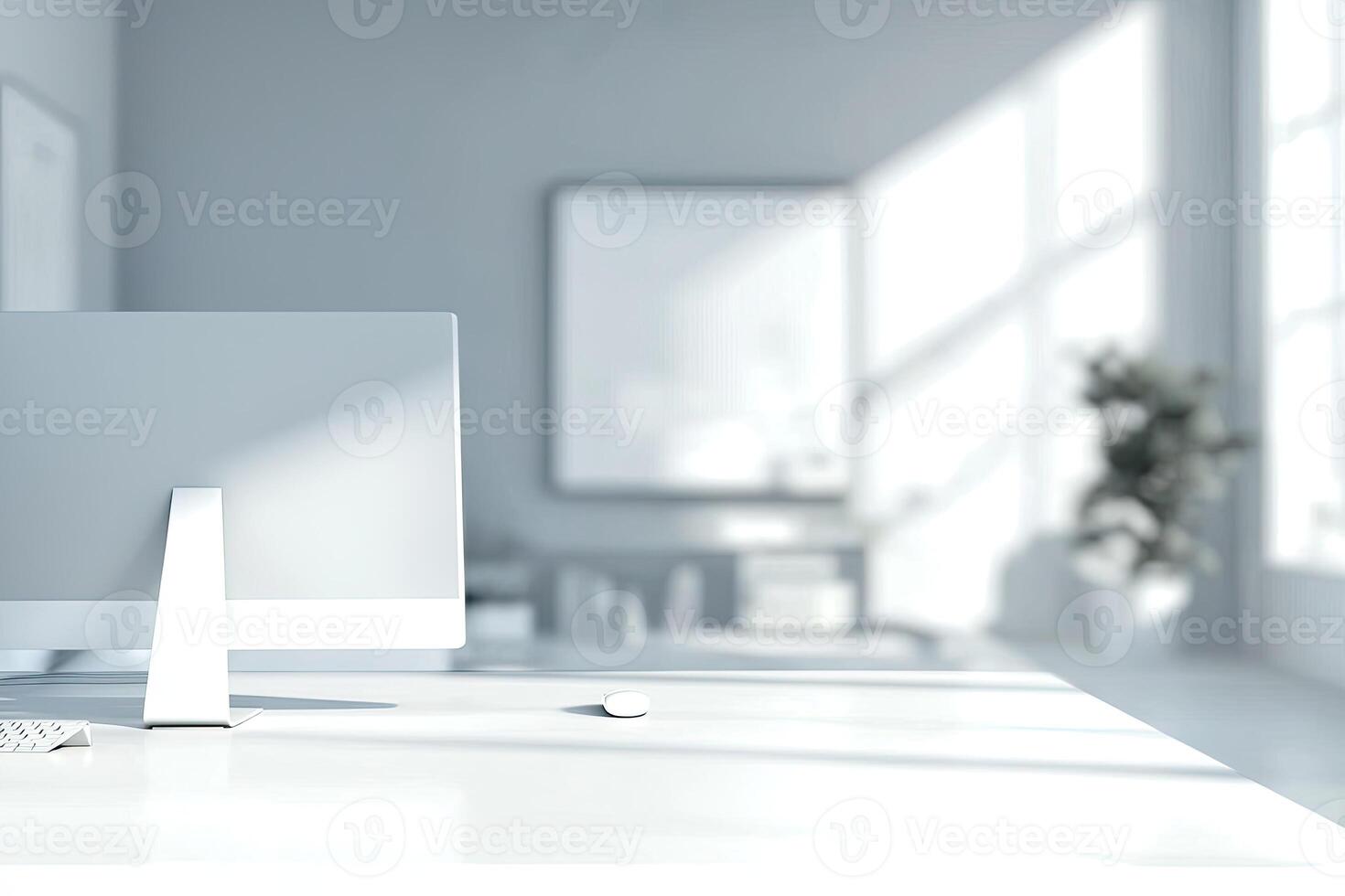 Blurred office background with a computer and white desk in a modern interior, a business work space concept, a mockup for product display presentation, with a white background photo